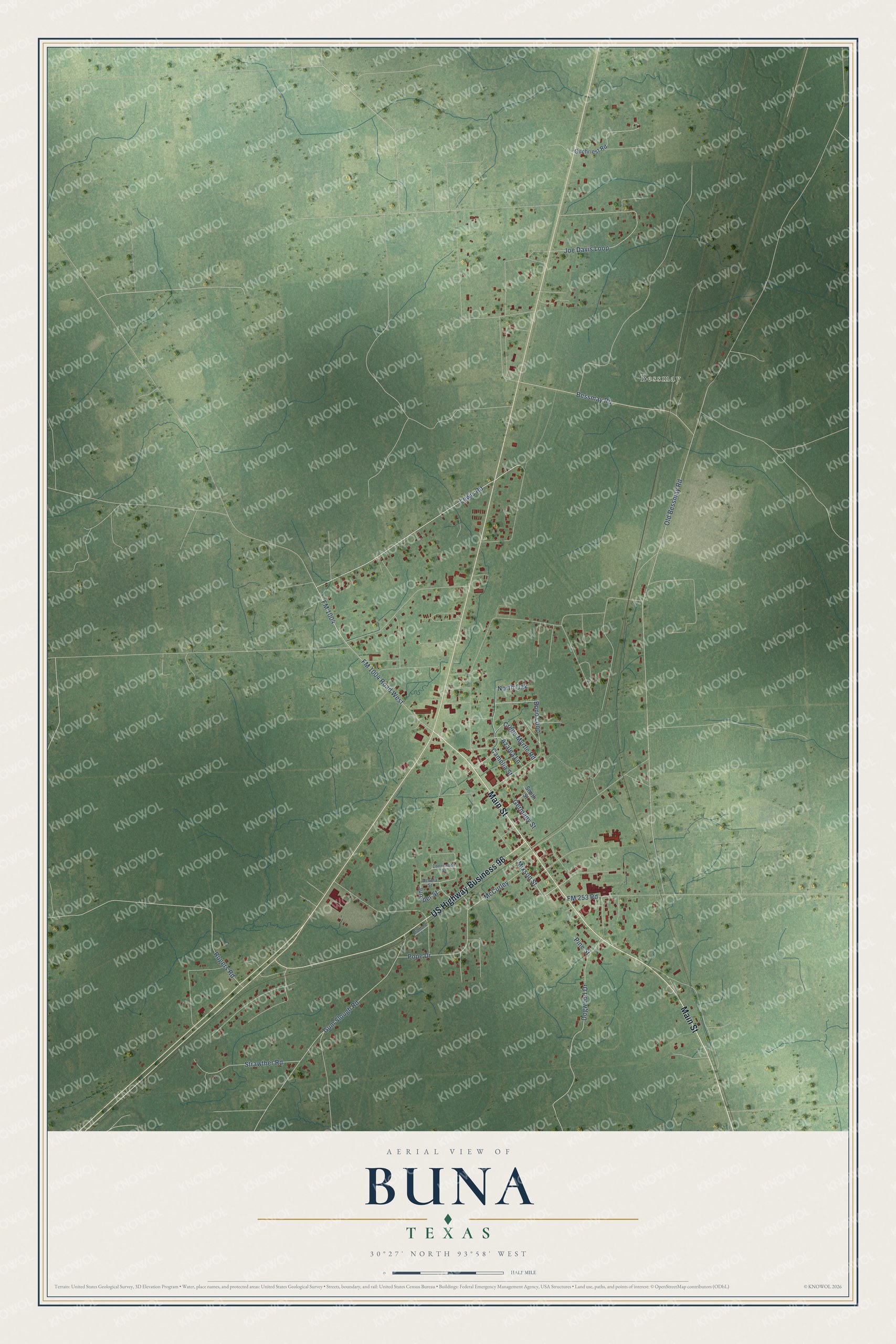 Full map of Buna, Texas, with red buildings, printed street names and the land around them