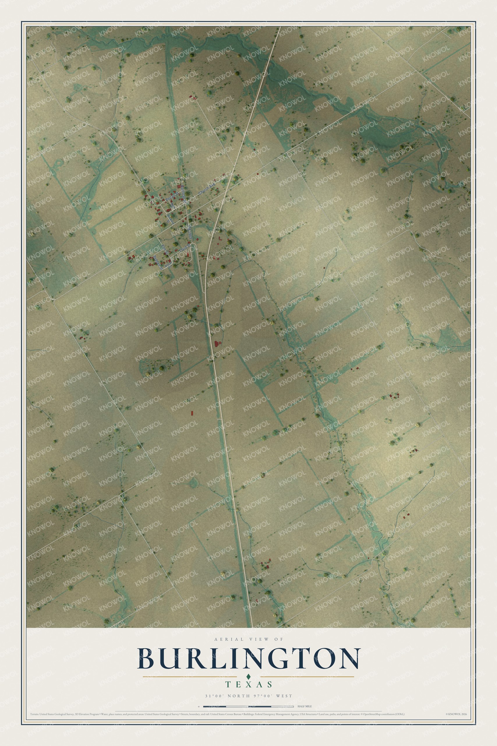 Full map of Burlington, Texas, with red buildings, printed street names and the land around them