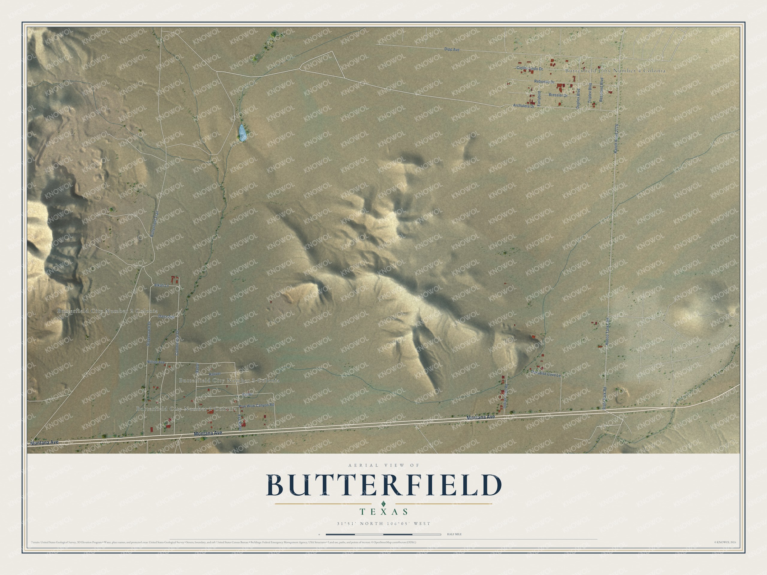 Full map of Butterfield, Texas, with red buildings, printed street names and the land around them