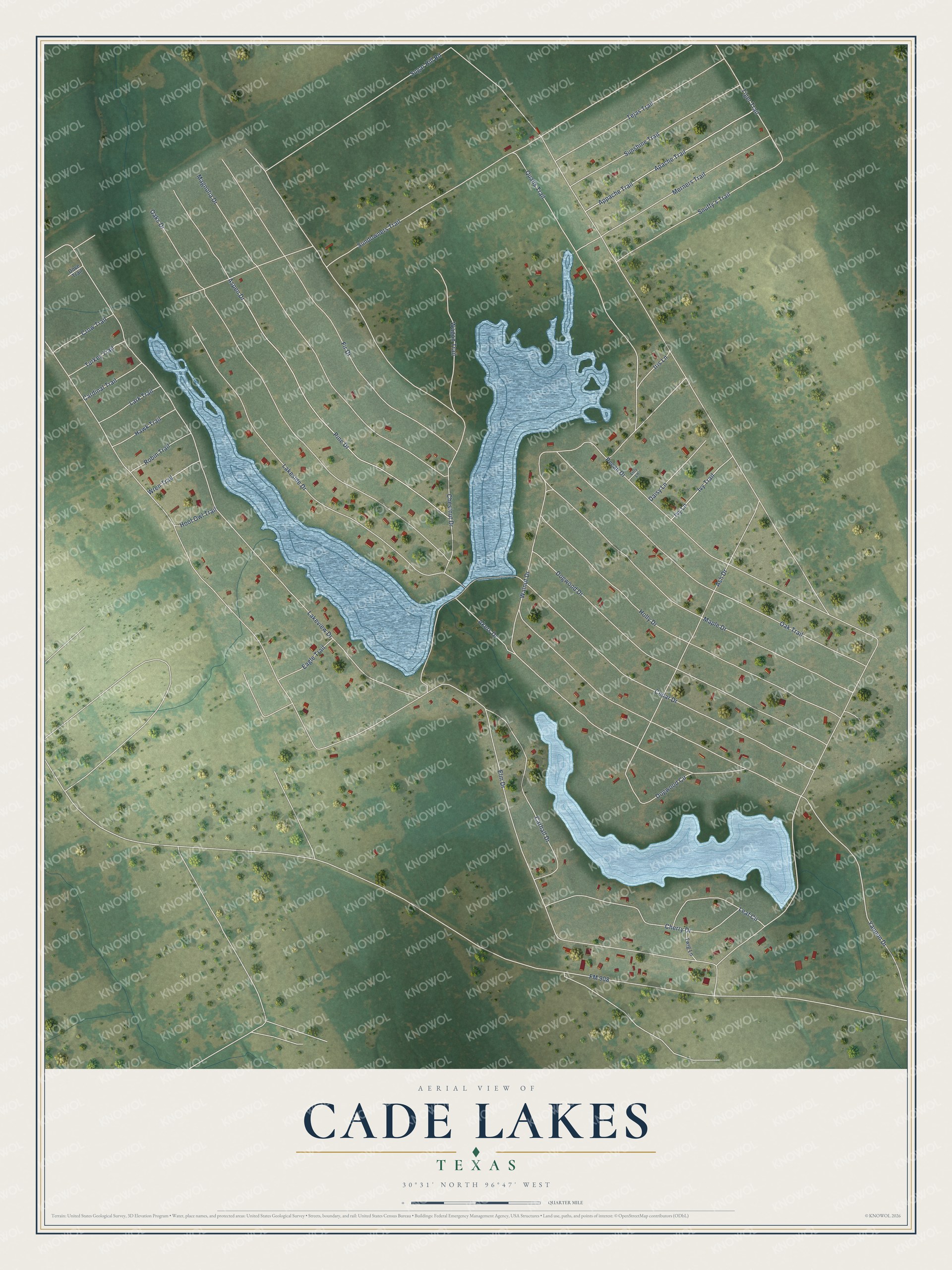Full map of Cade Lakes, Texas, with red buildings, printed street names and the land around them
