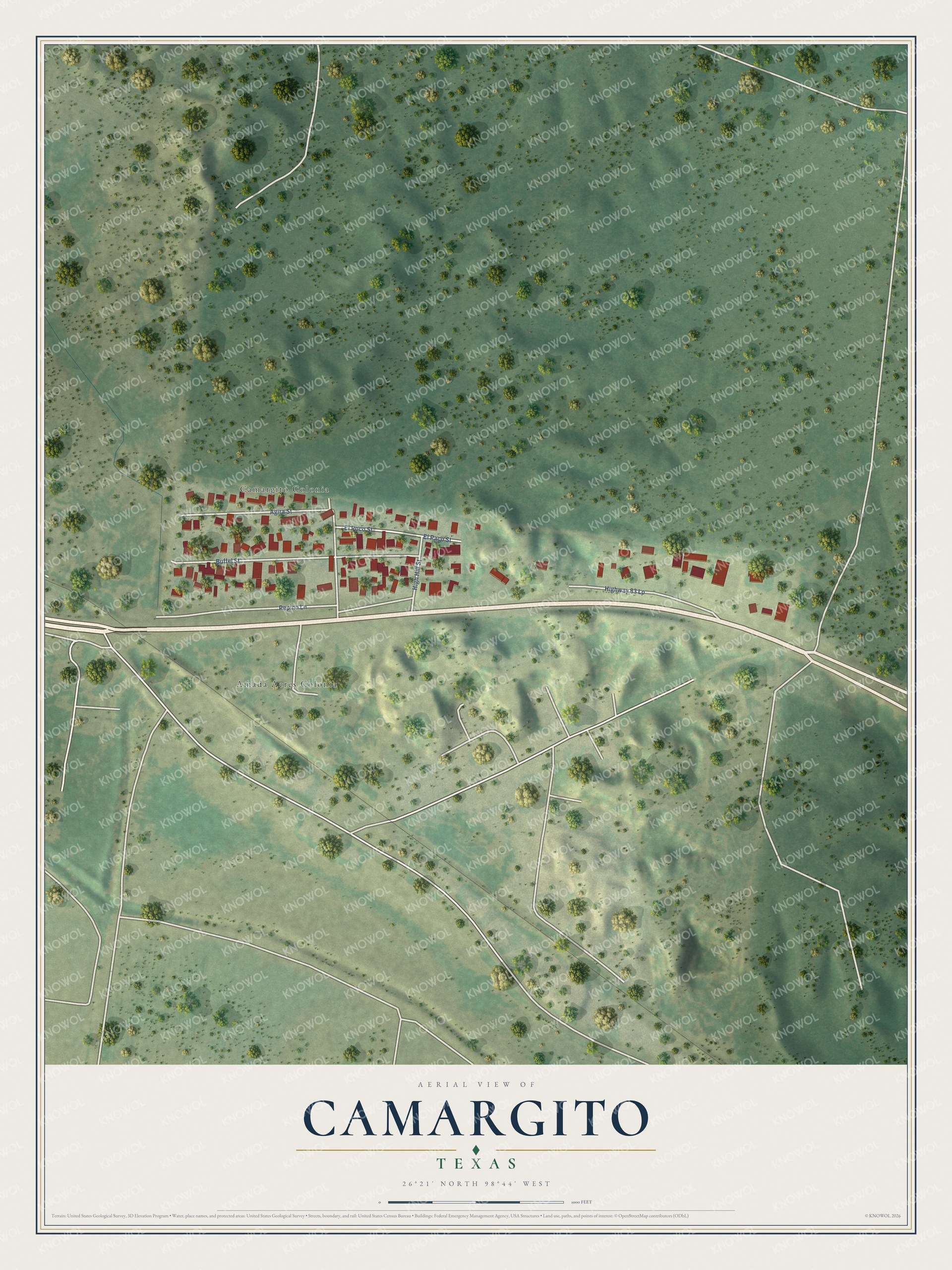 Full map of Camargito, Texas, with red buildings, printed street names and the land around them