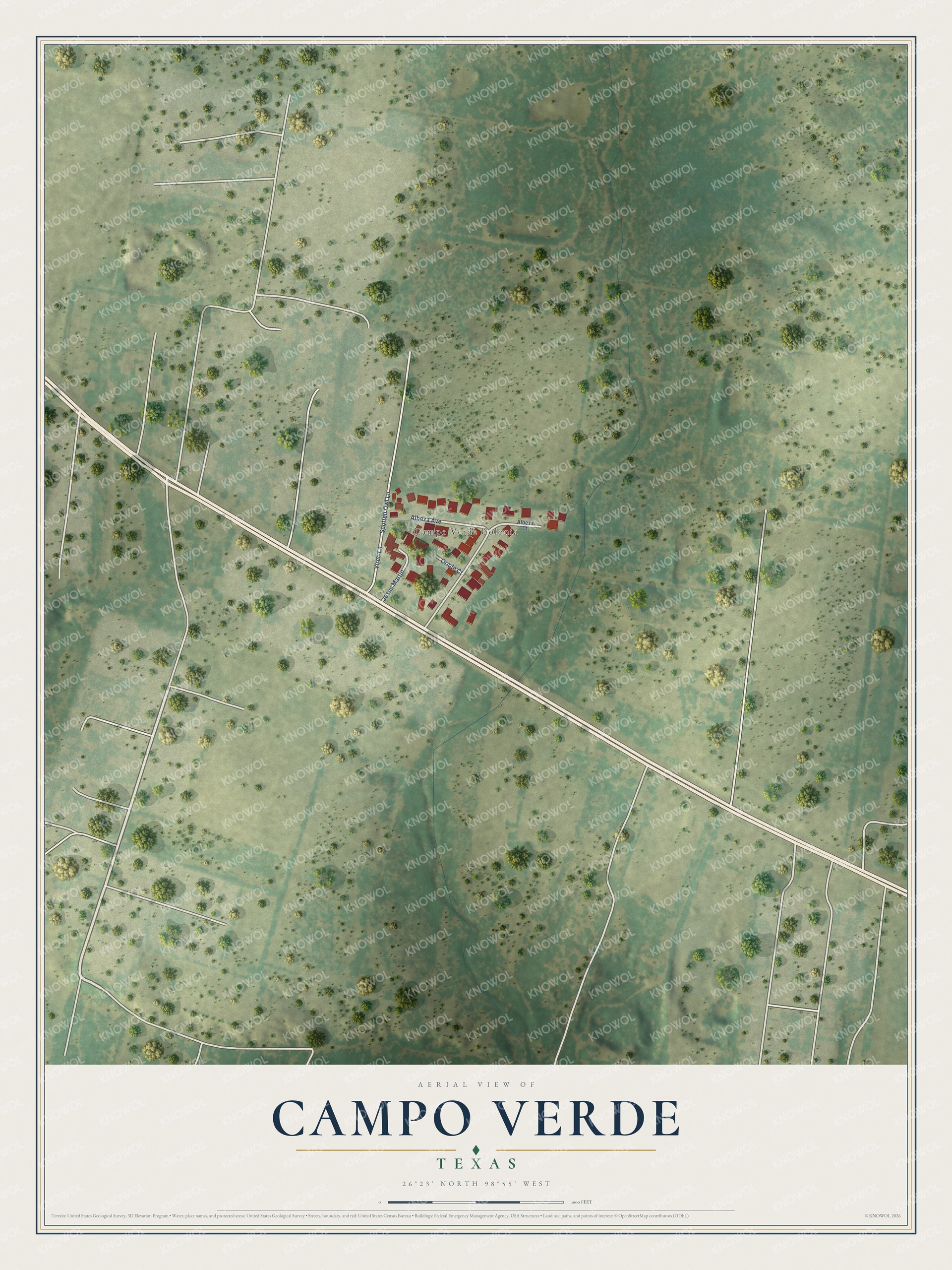 Full map of Campo Verde, Texas, with red buildings, printed street names and the land around them