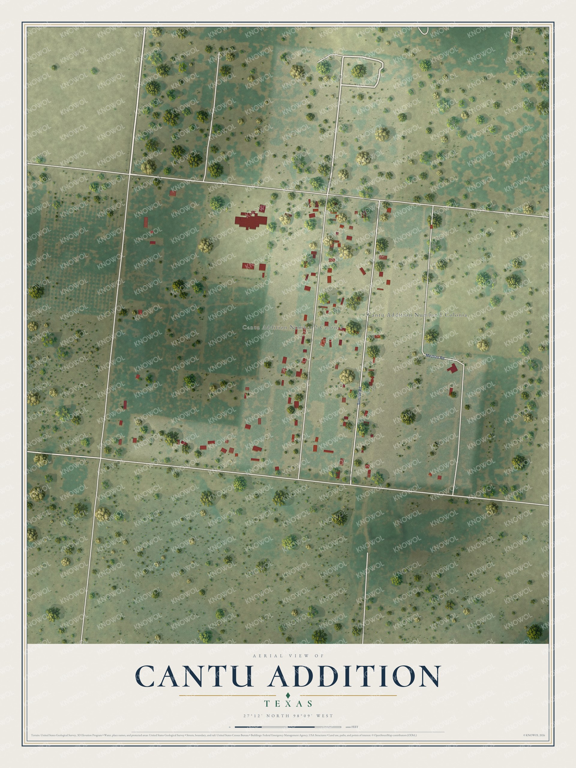 Full map of Cantu Addition, Texas, with red buildings, printed street names and the land around them