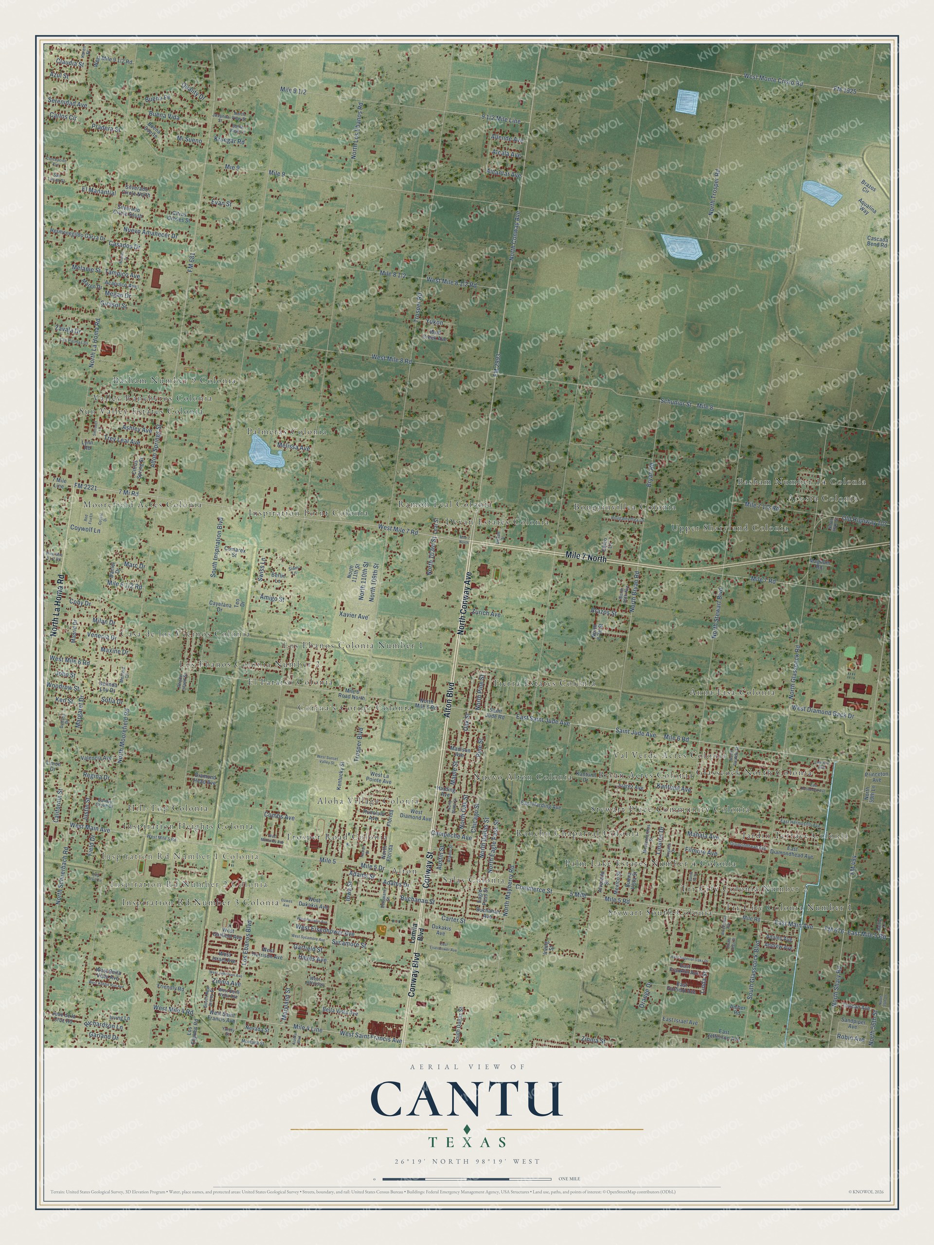 Full map of Cantu, Texas, with red buildings, printed street names and the land around them