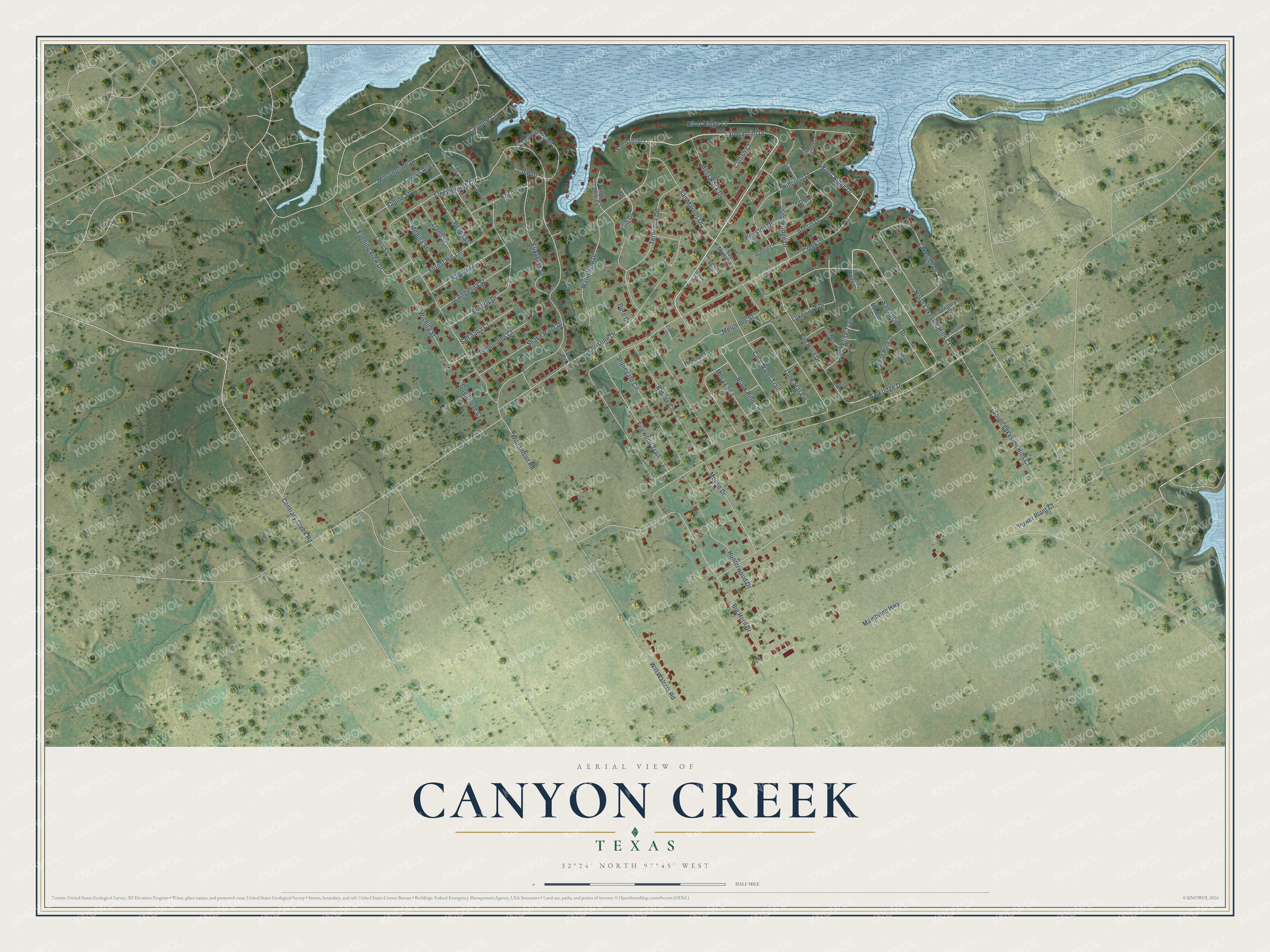 Full map of Canyon Creek, Texas, with red buildings, printed street names and the land around them