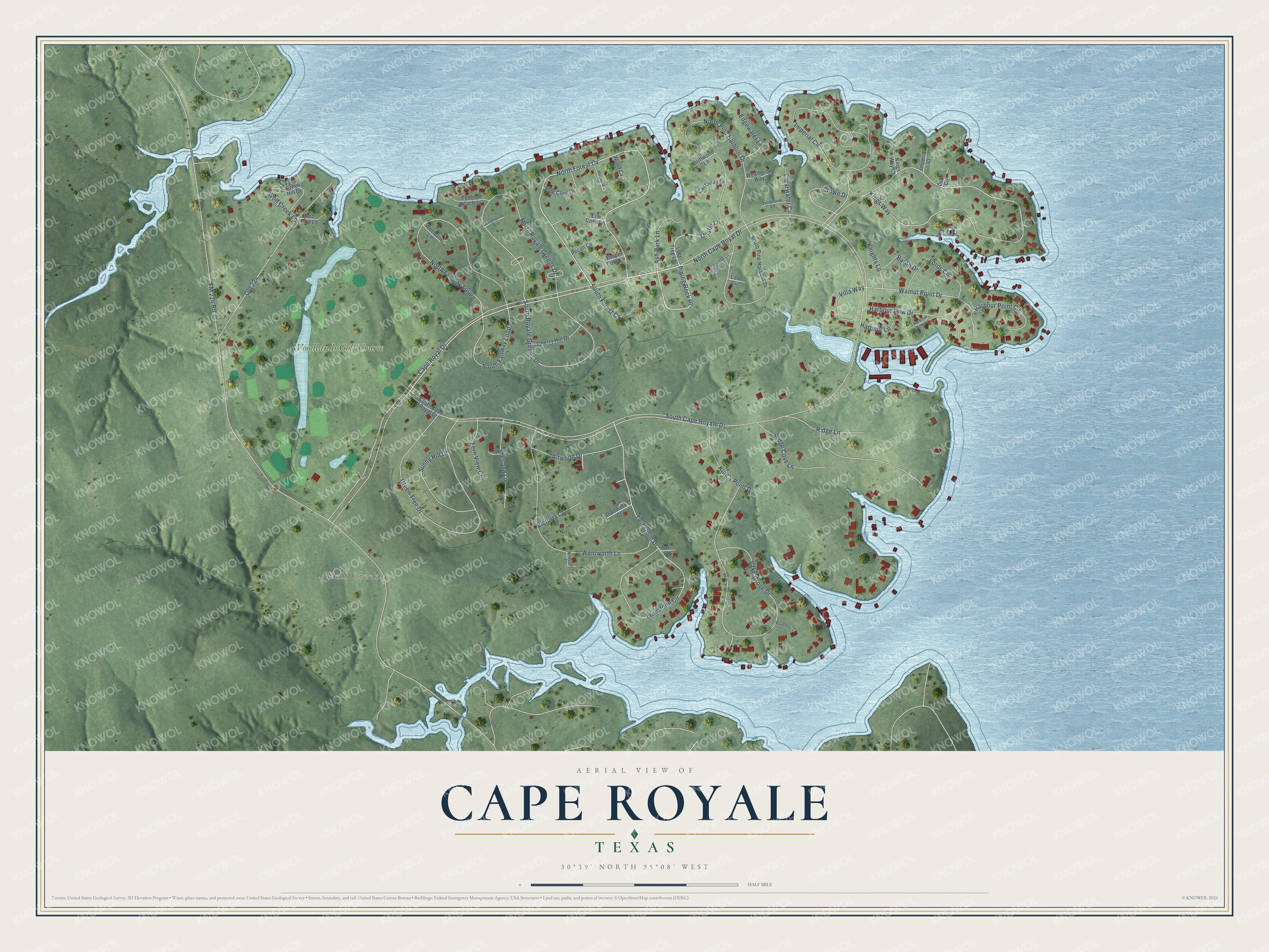 Full map of Cape Royale, Texas, with red buildings, printed street names and the land around them