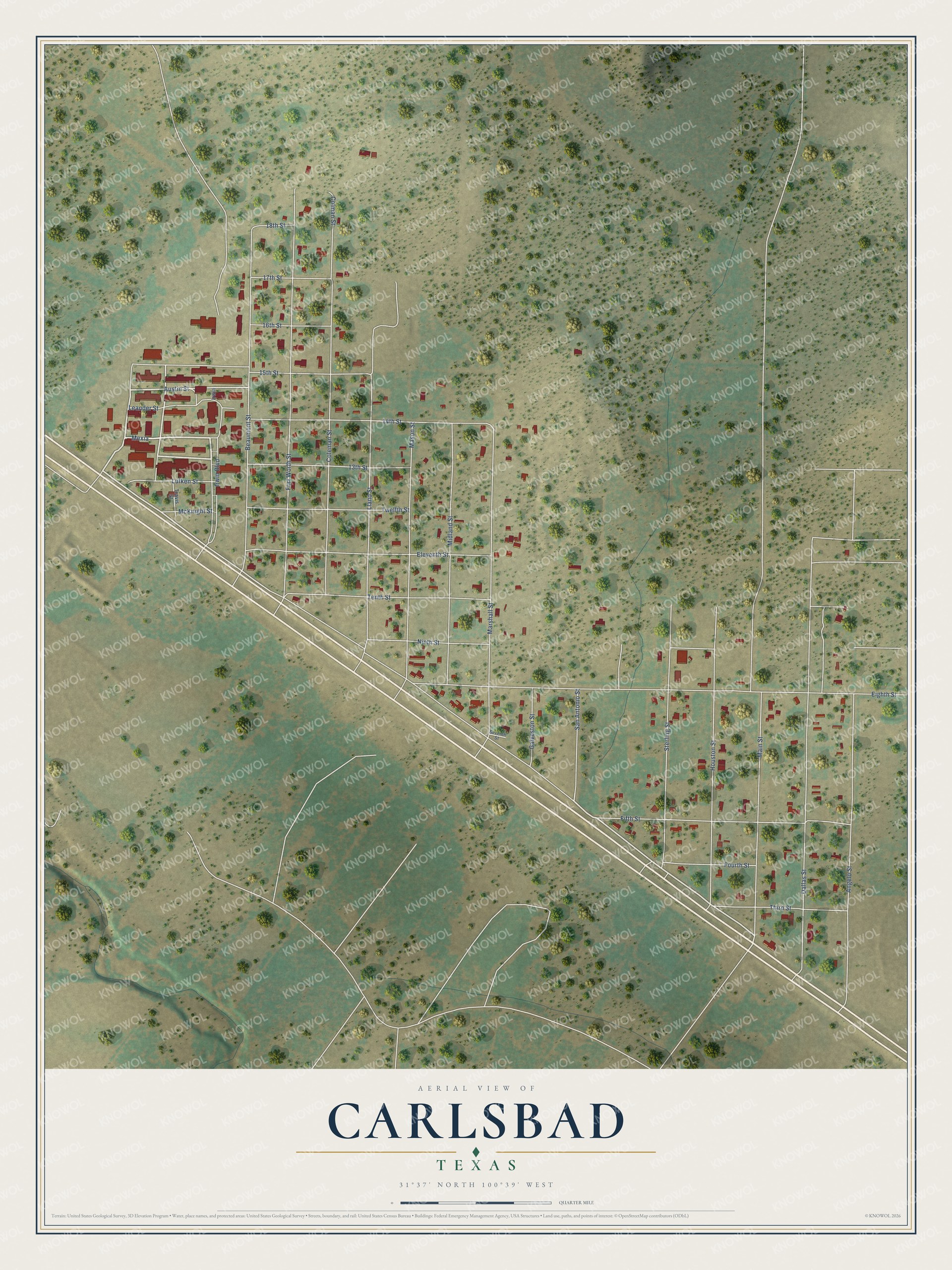 Full map of Carlsbad, Texas, with red buildings, printed street names and the land around them