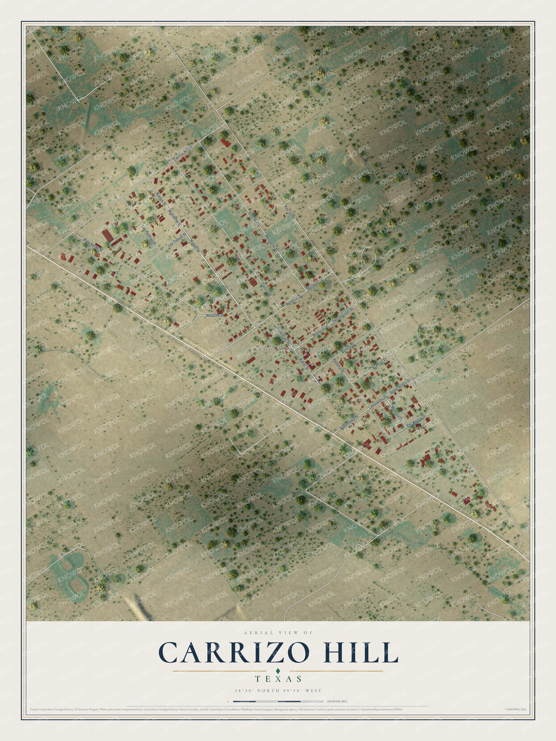 Full map of Carrizo Hill, Texas, with red buildings, printed street names and the land around them