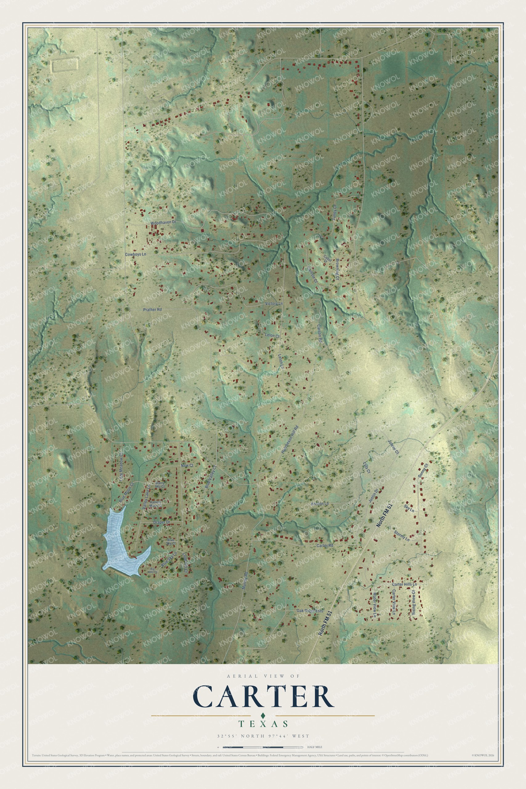 Full map of Carter, Texas, with red buildings, printed street names and the land around them