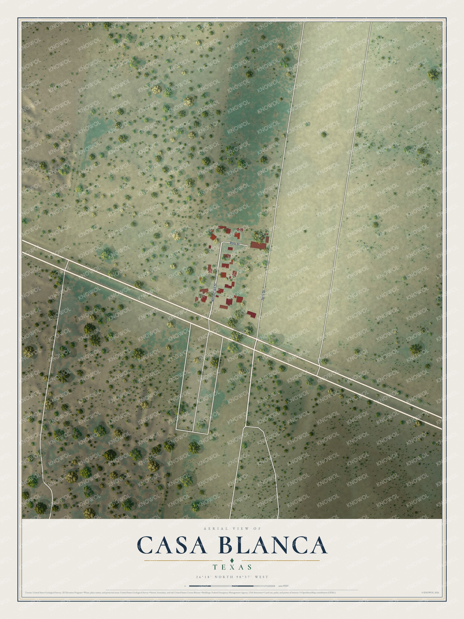 Full map of Casa Blanca, Texas, with red buildings, printed street names and the land around them