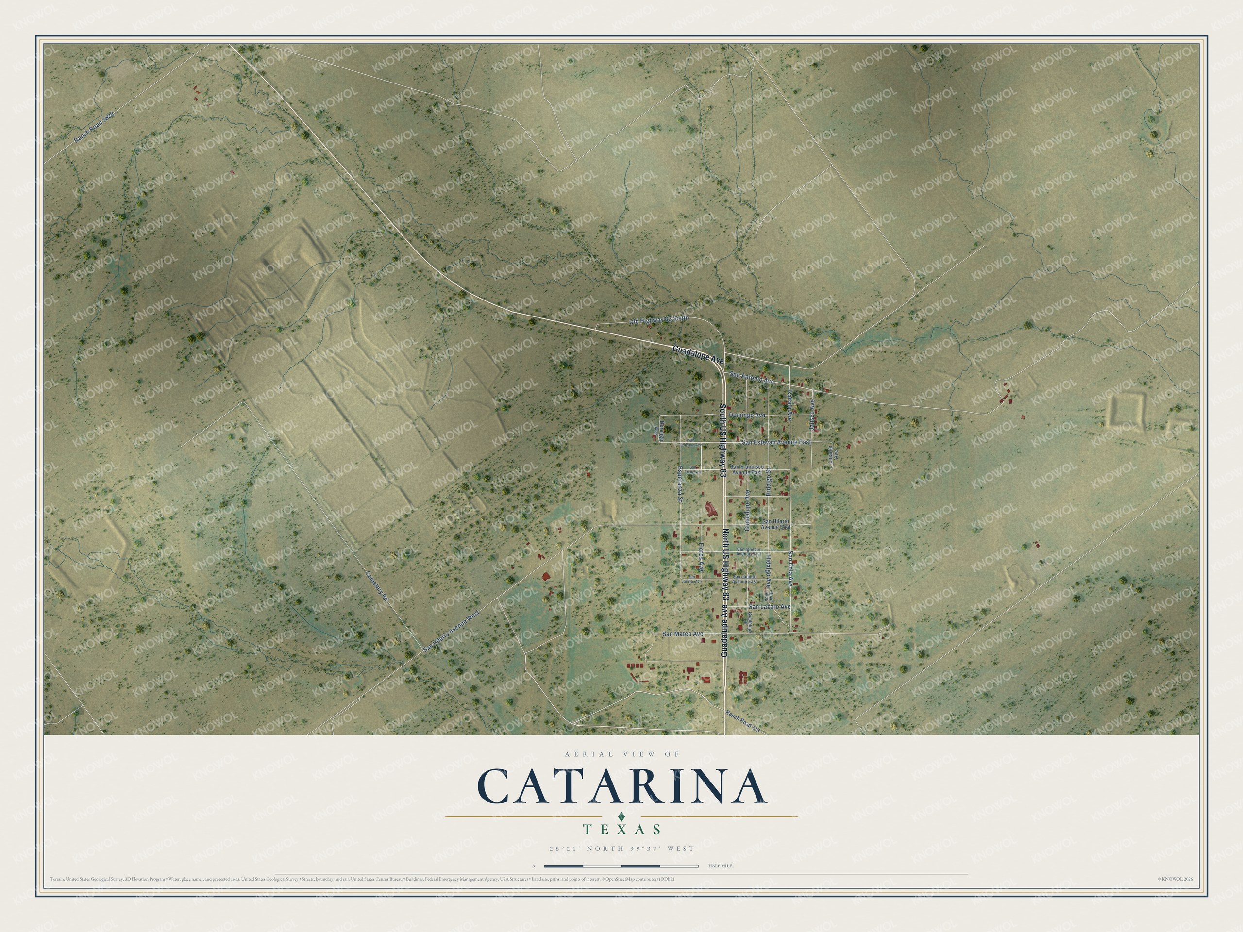 Full map of Catarina, Texas, with red buildings, printed street names and the land around them