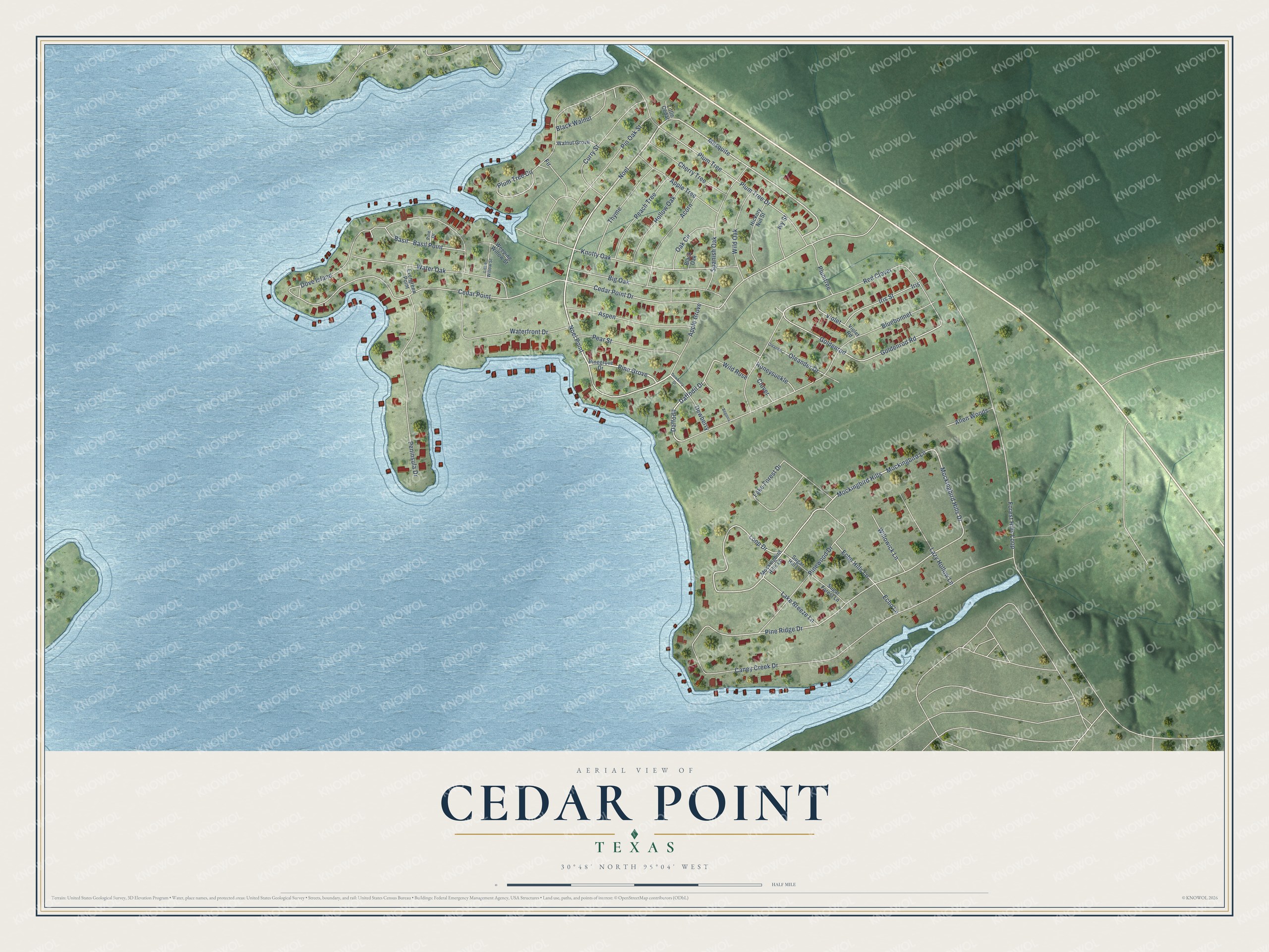 Full map of Cedar Point, Texas, with red buildings, printed street names and the land around them