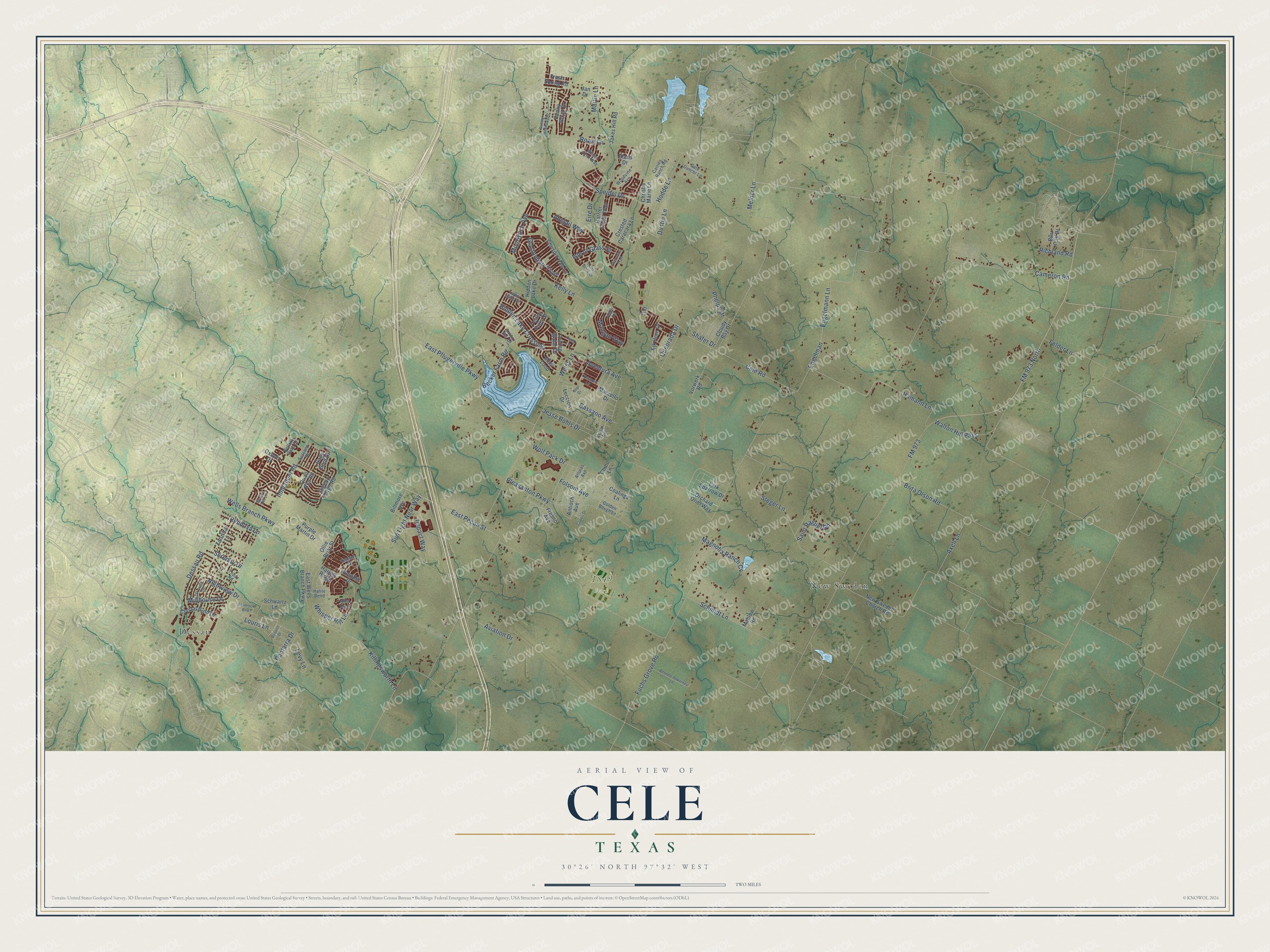 Full map of Cele, Texas, with red buildings, printed street names and the land around them
