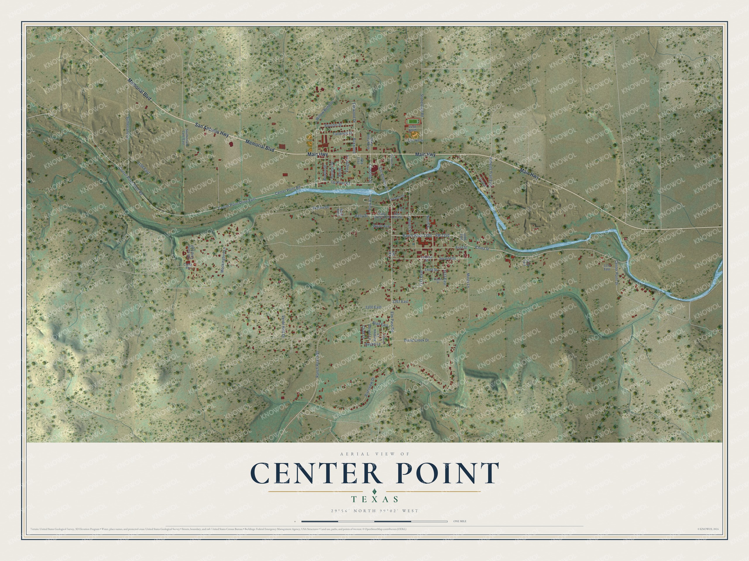 Full map of Center Point, Texas, with red buildings, printed street names and the land around them