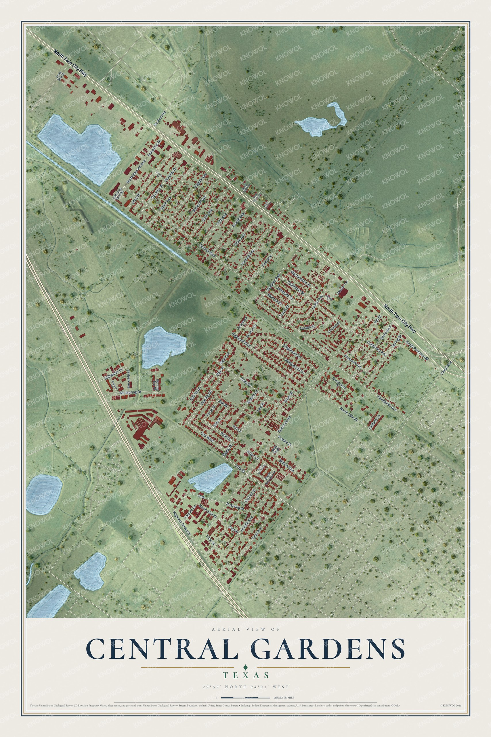 Full map of Central Gardens, Texas, with red buildings, printed street names and the land around them