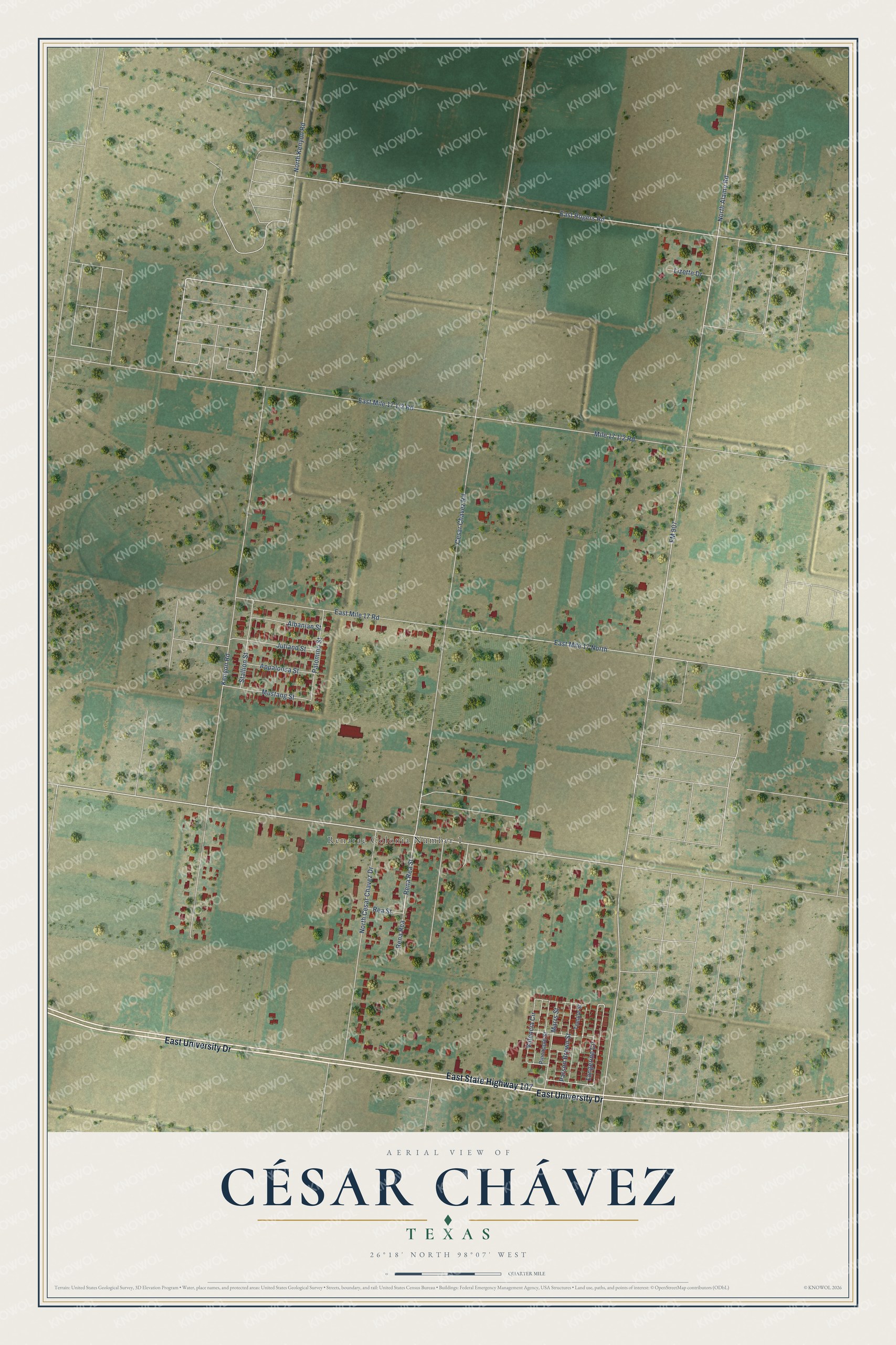 Full map of César Chávez, Texas, with red buildings, printed street names and the land around them