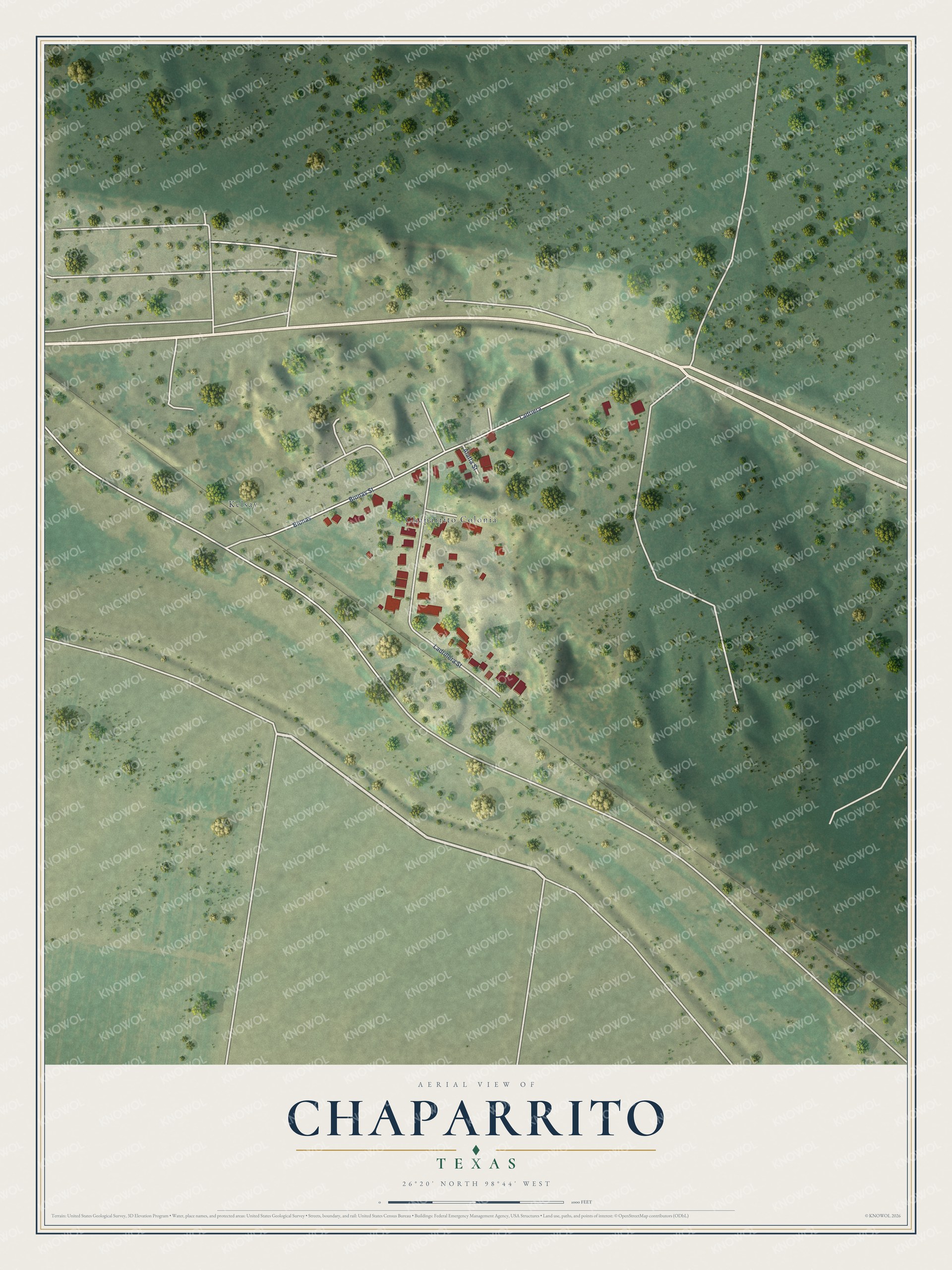 Full map of Chaparrito, Texas, with red buildings, printed street names and the land around them