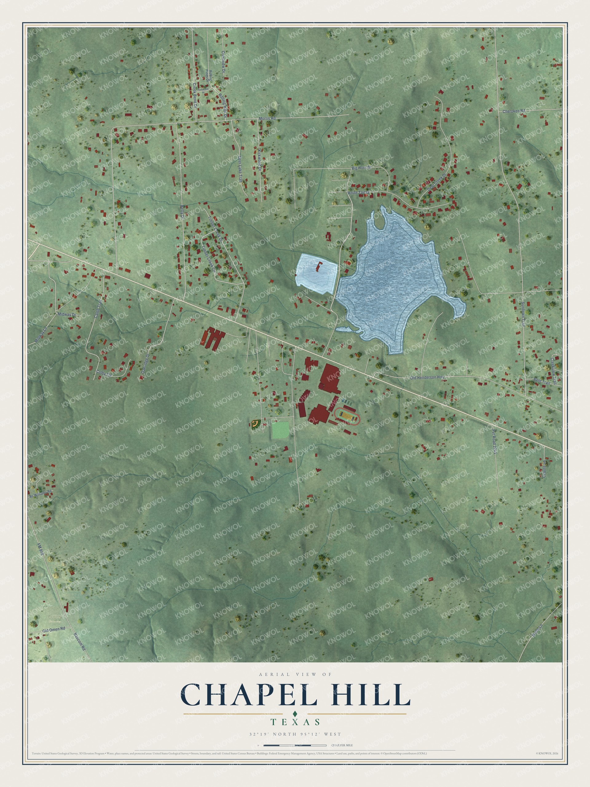 Full map of Chapel Hill, Texas, with red buildings, printed street names and the land around them