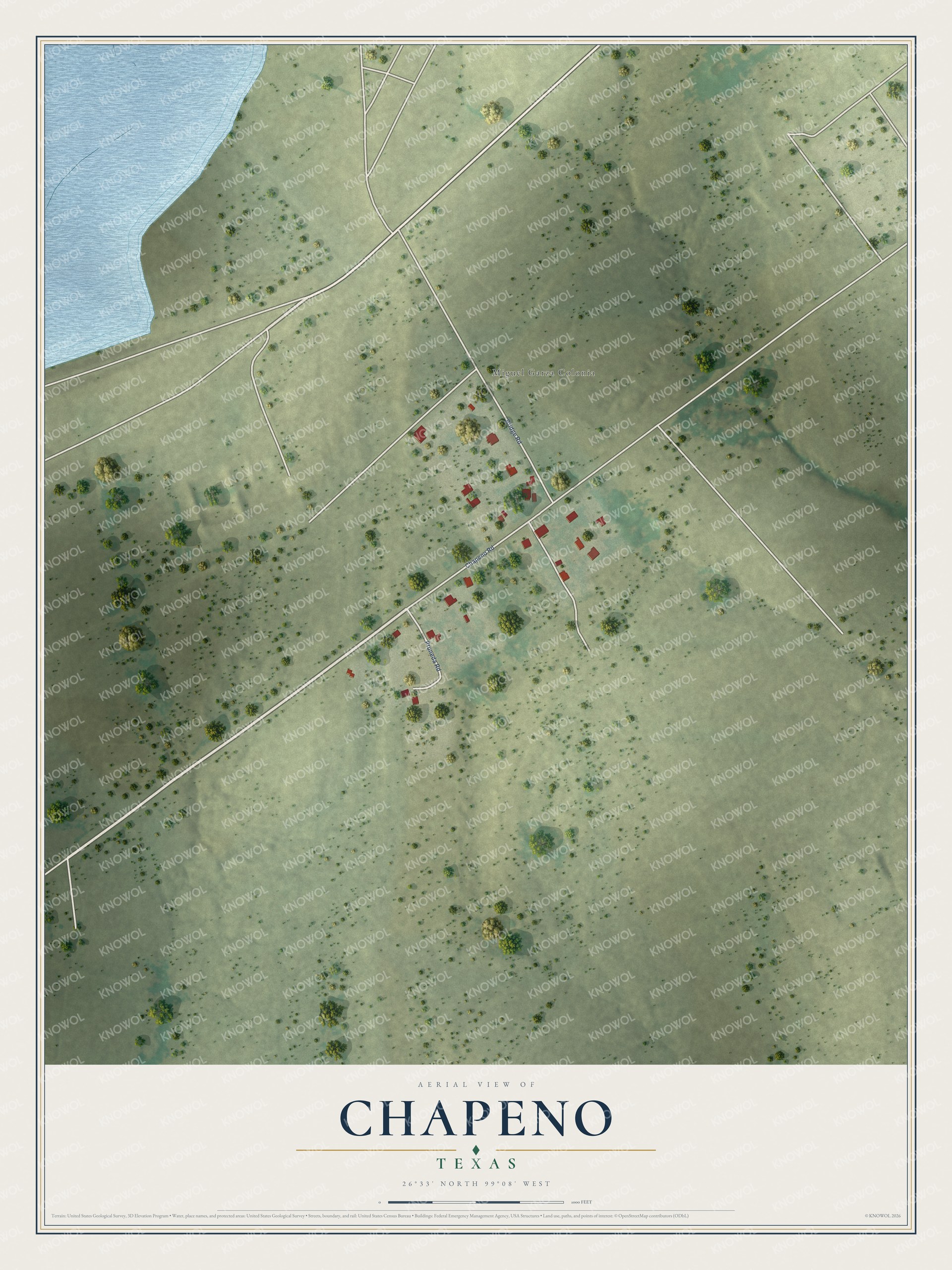 Full map of Chapeno, Texas, with red buildings, printed street names and the land around them