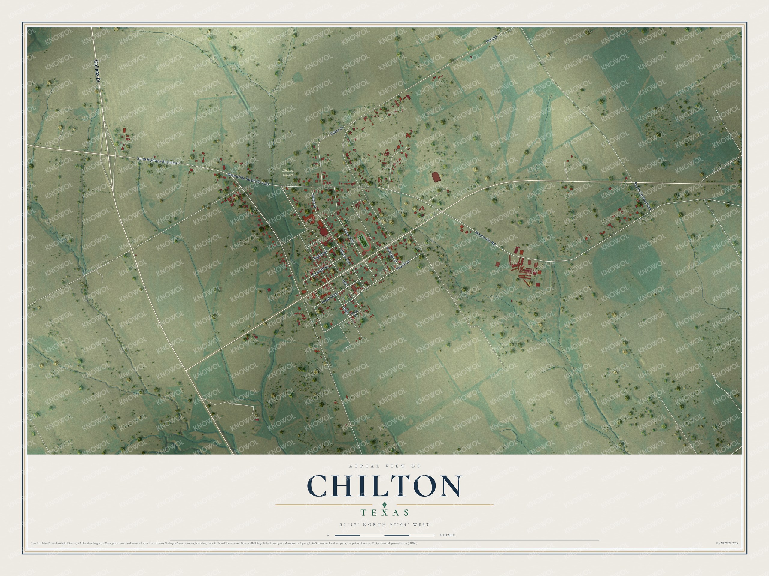 Full map of Chilton, Texas, with red buildings, printed street names and the land around them