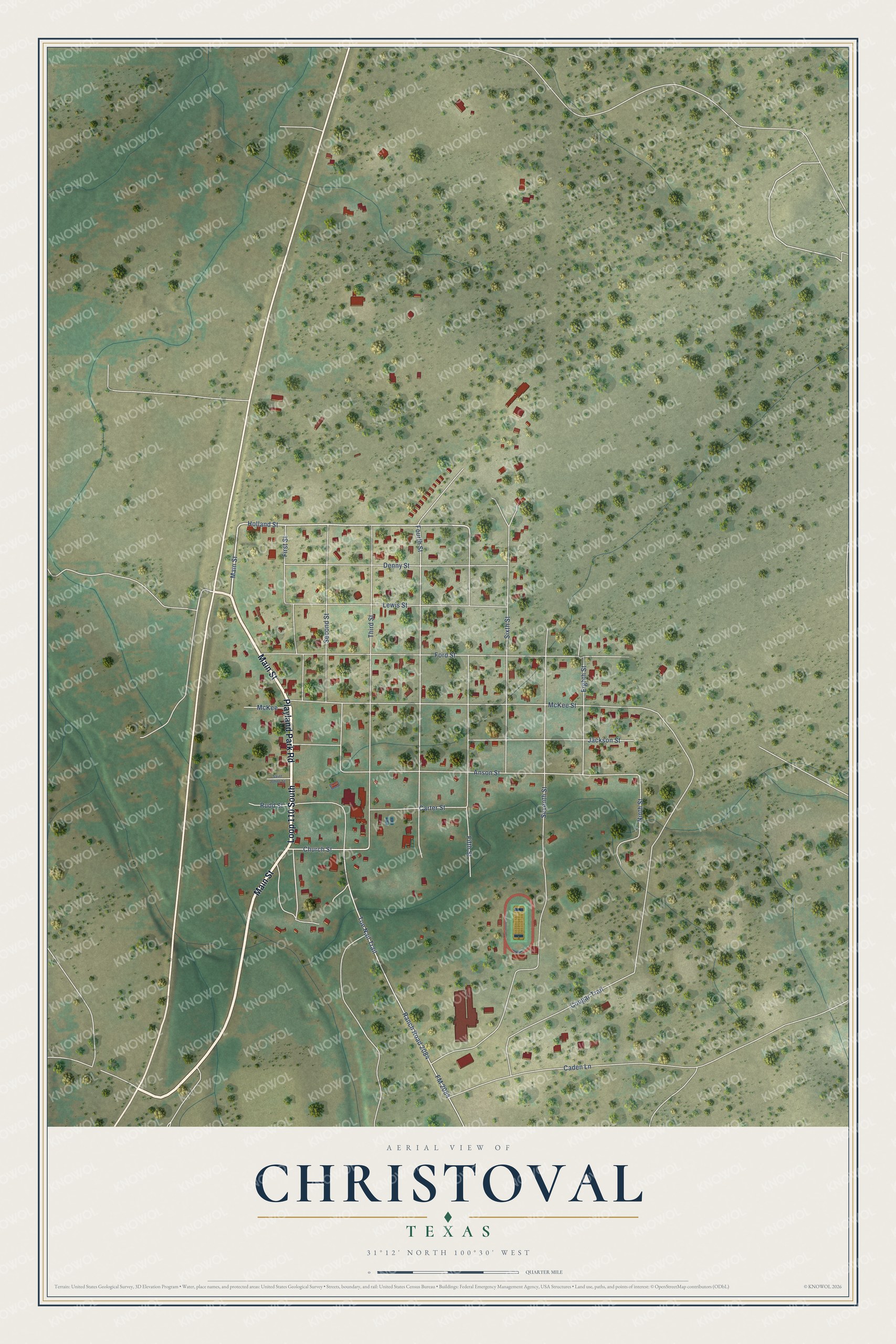 Full map of Christoval, Texas, with red buildings, printed street names and the land around them