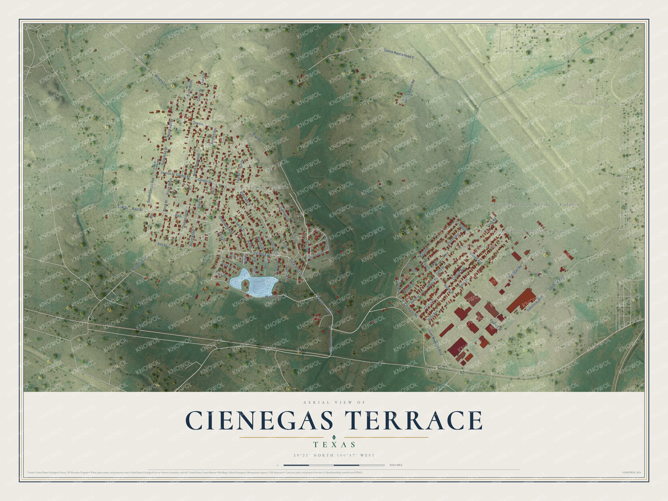 Full map of Cienegas Terrace, Texas, with red buildings, printed street names and the land around them