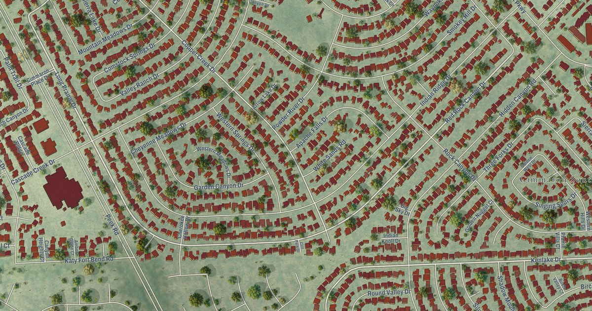 Close-up of streets and buildings in Cimarron, Texas