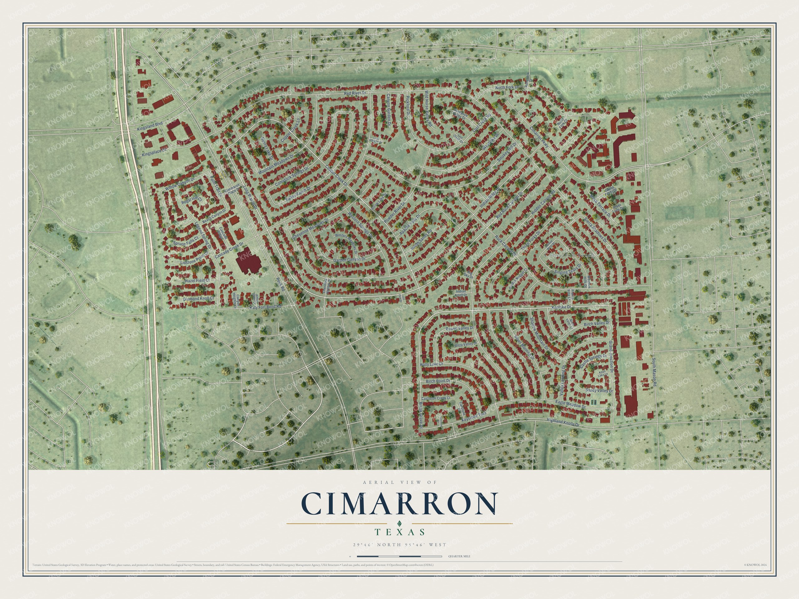 Full map of Cimarron, Texas, with red buildings, printed street names and the land around them