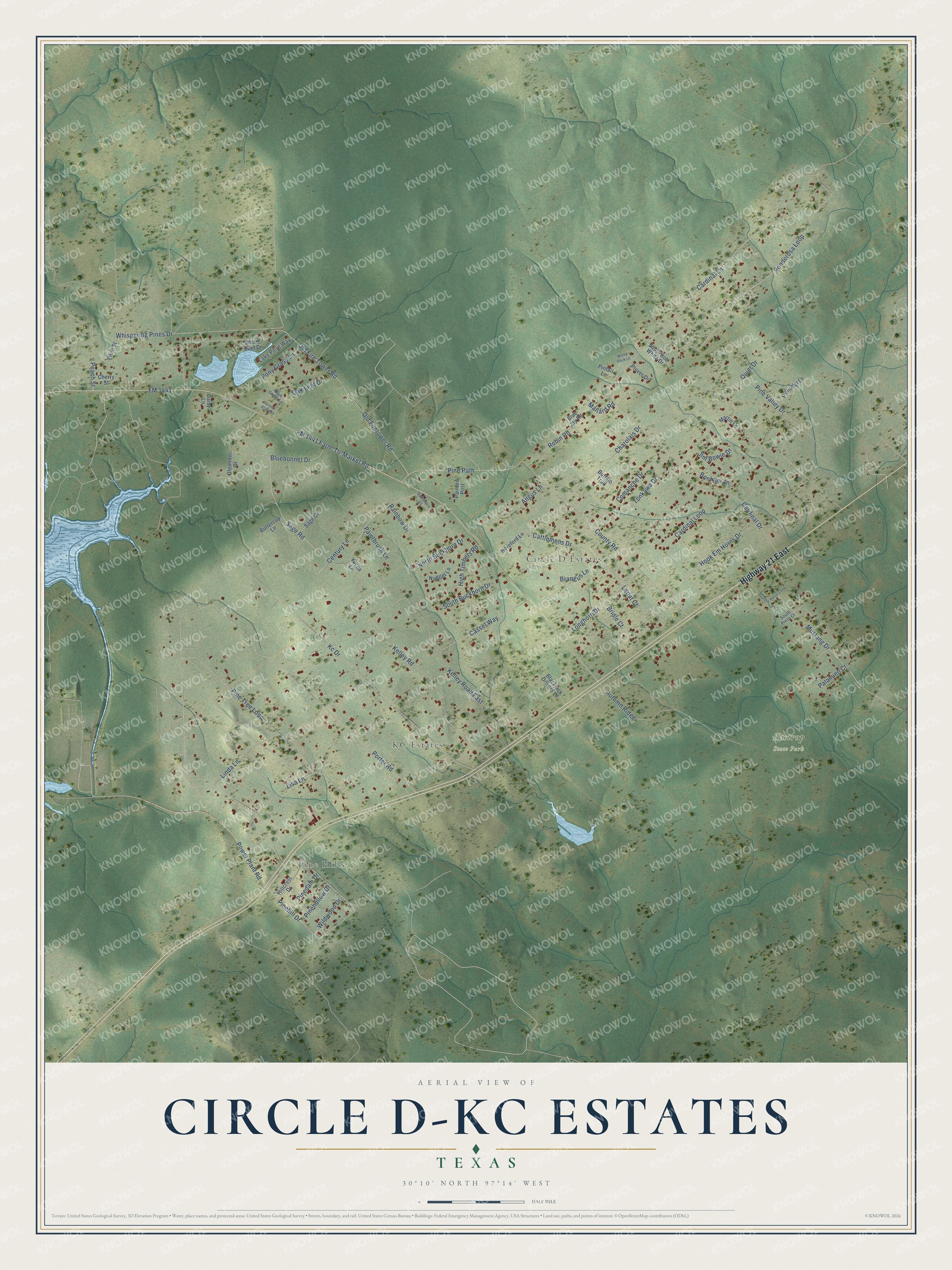 Full map of Circle D-KC Estates, Texas, with red buildings, printed street names and the land around them