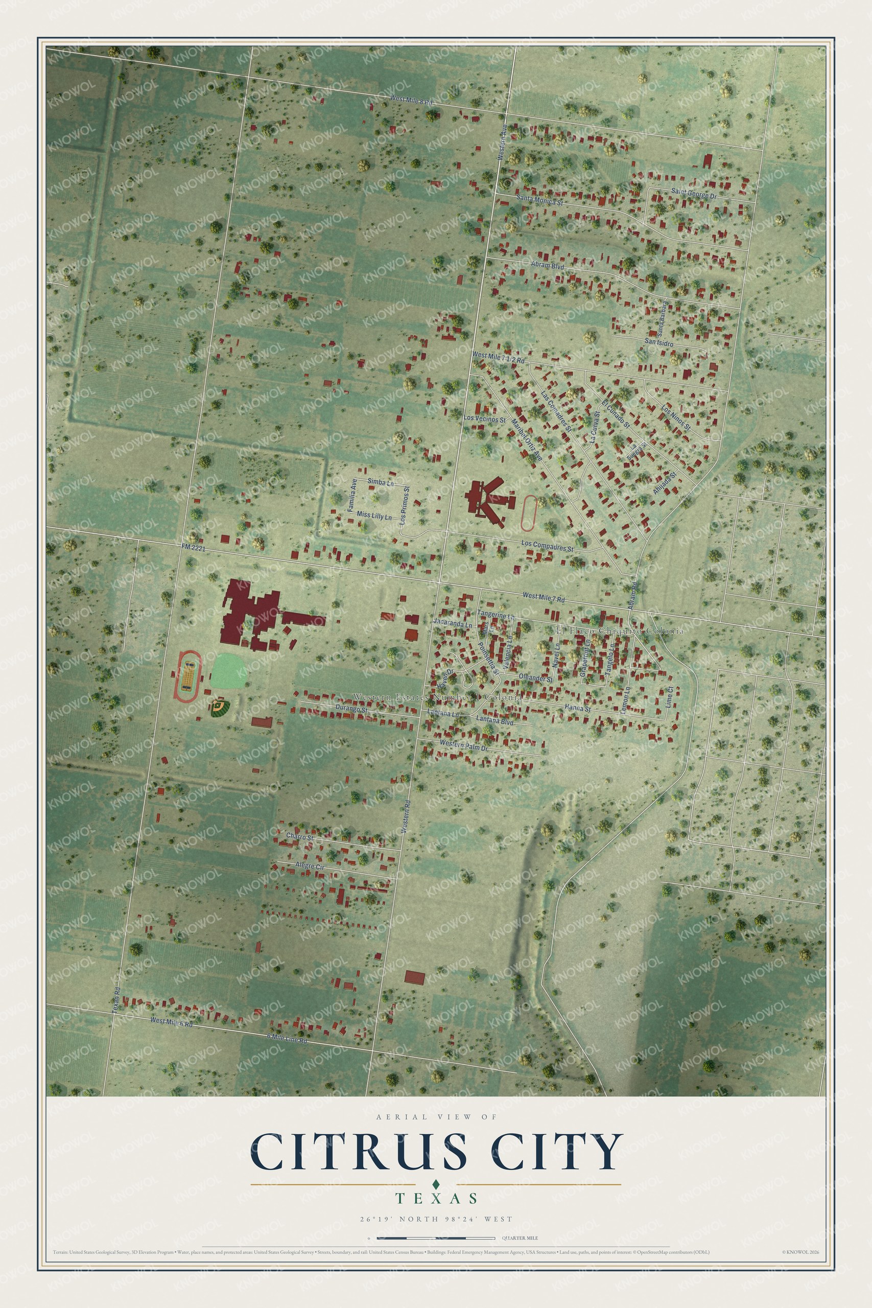 Full map of Citrus City, Texas, with red buildings, printed street names and the land around them