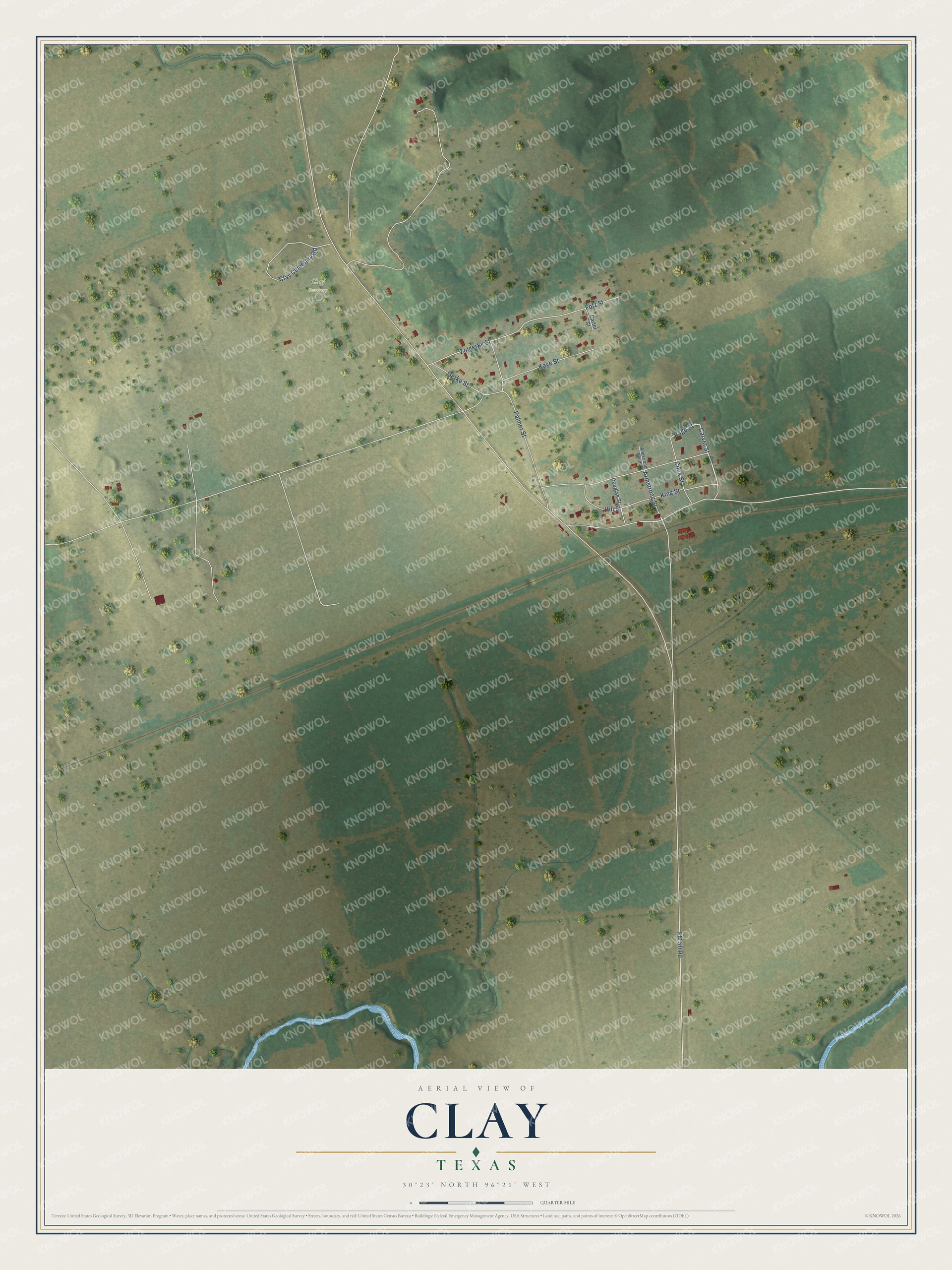 Full map of Clay, Texas, with red buildings, printed street names and the land around them