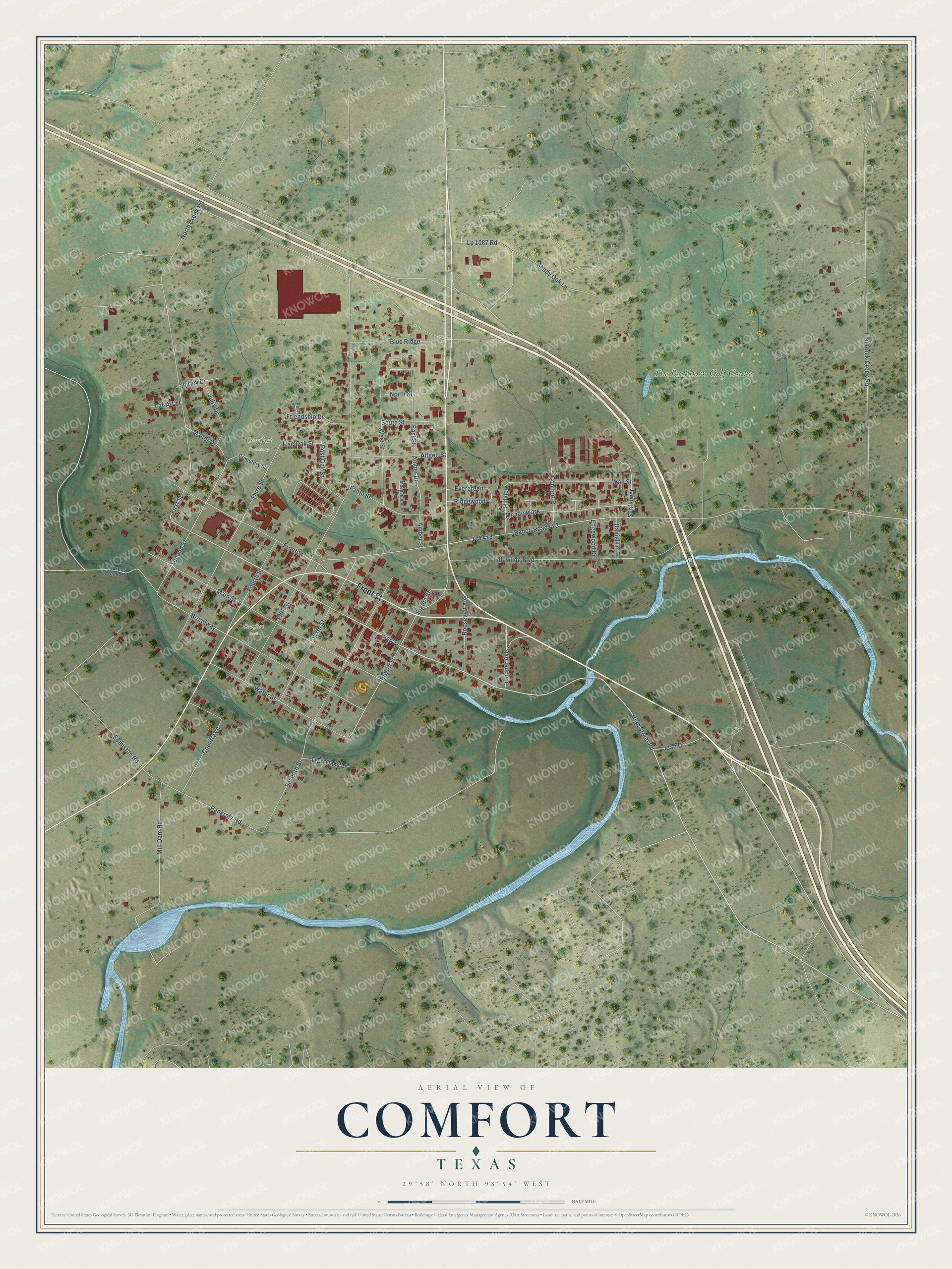 Full map of Comfort, Texas, with red buildings, printed street names and the land around them