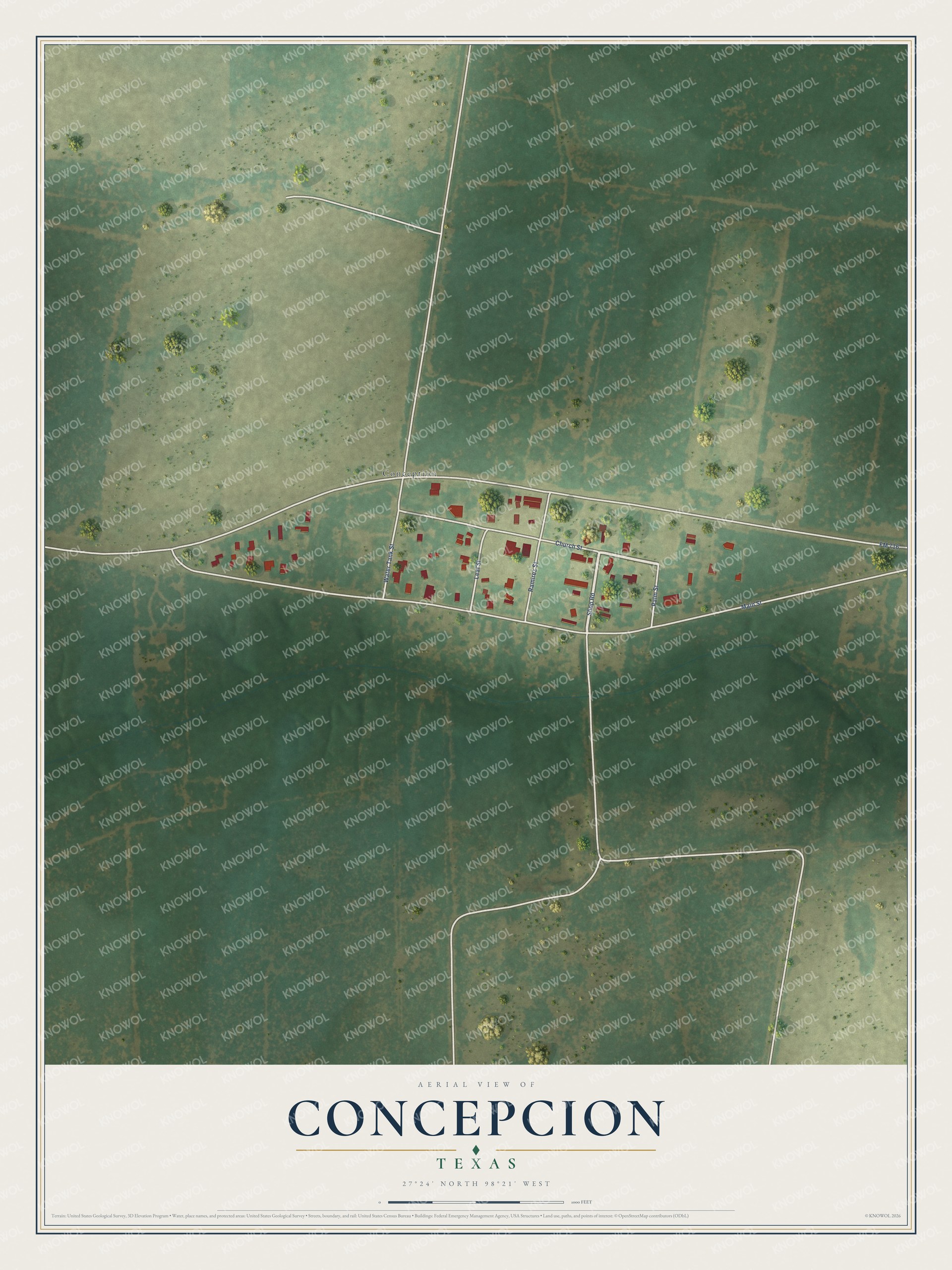 Full map of Concepcion, Texas, with red buildings, printed street names and the land around them