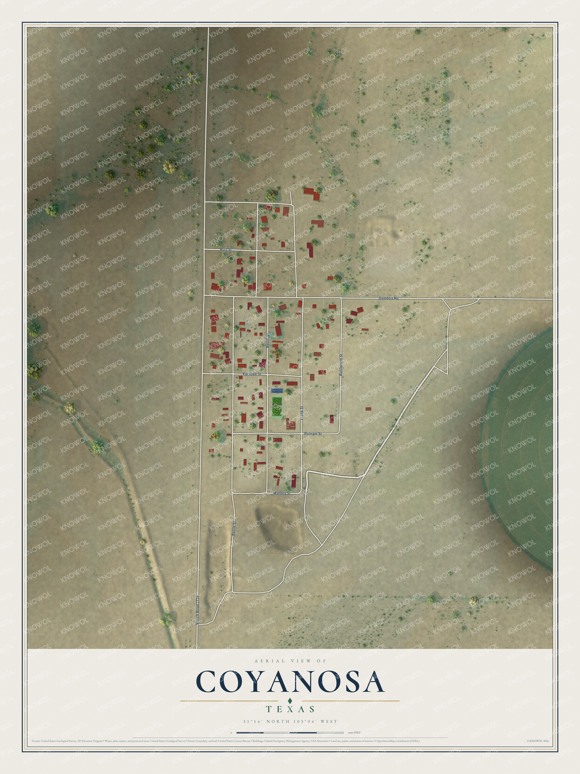 Full map of Coyanosa, Texas, with red buildings, printed street names and the land around them