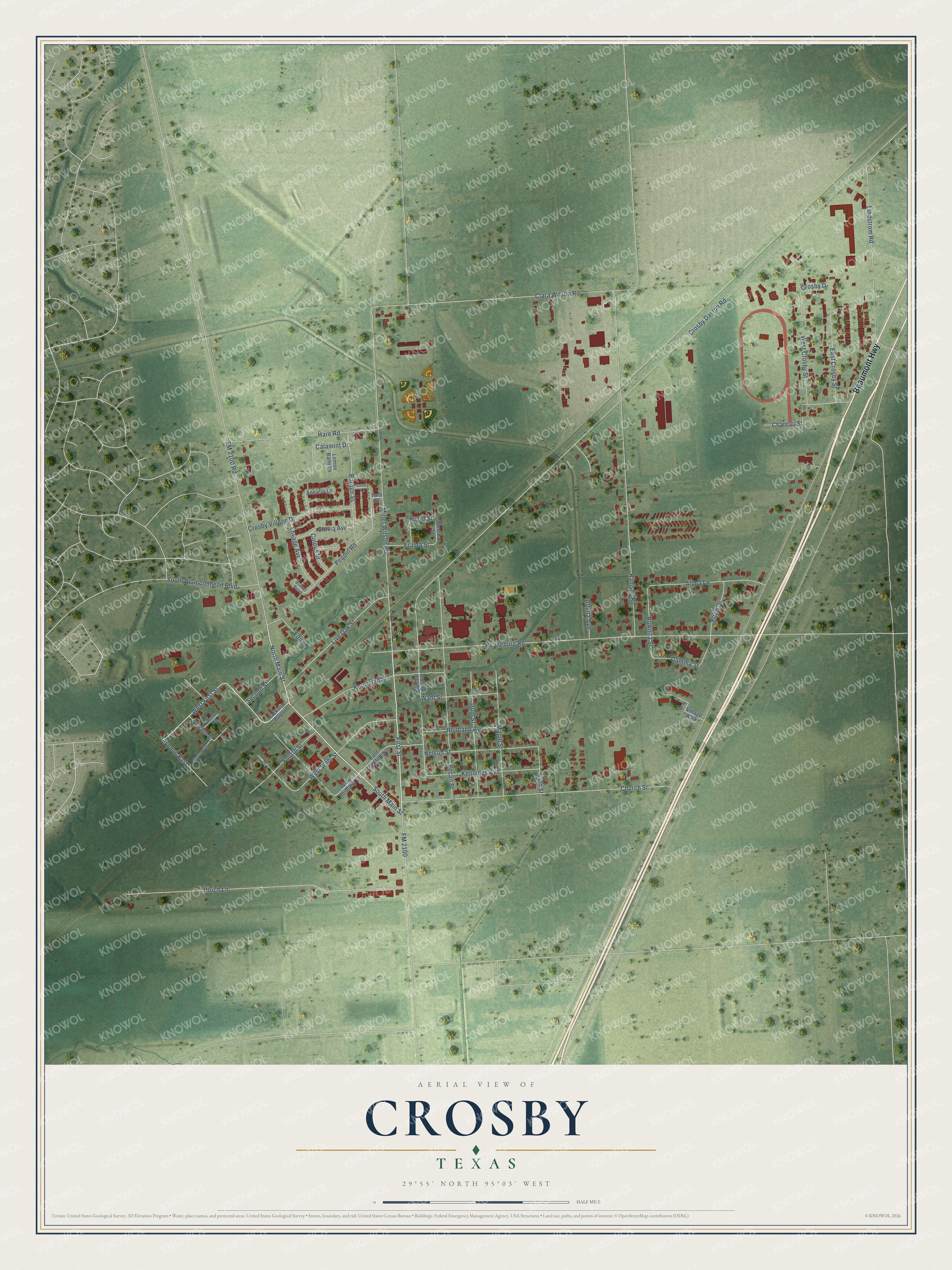 Full map of Crosby, Texas, with red buildings, printed street names and the land around them
