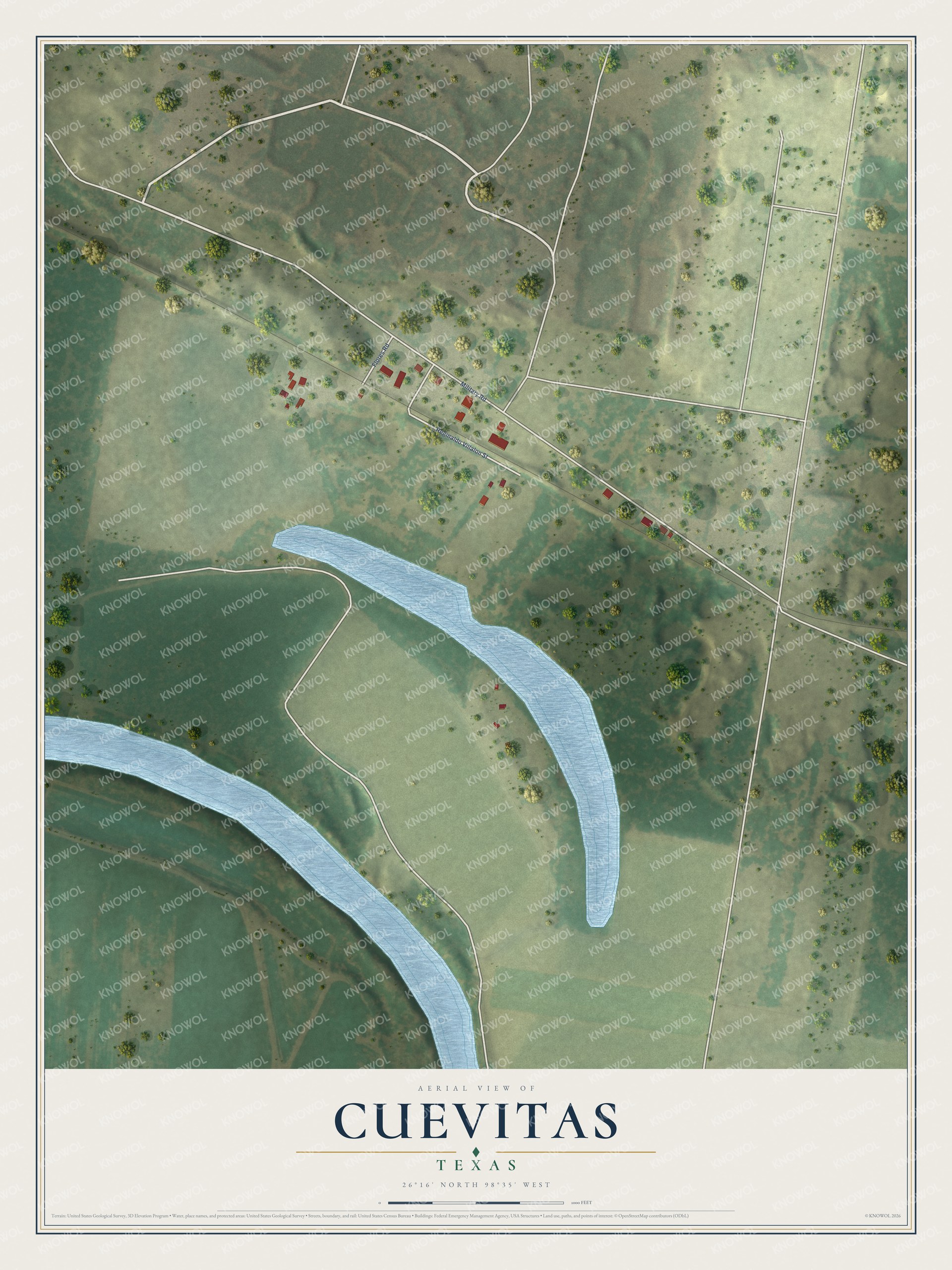 Full map of Cuevitas, Texas, with red buildings, printed street names and the land around them