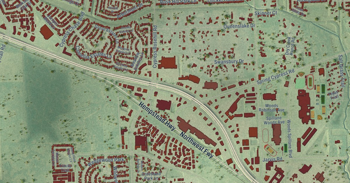 Close-up of streets and buildings in Cypress, Texas