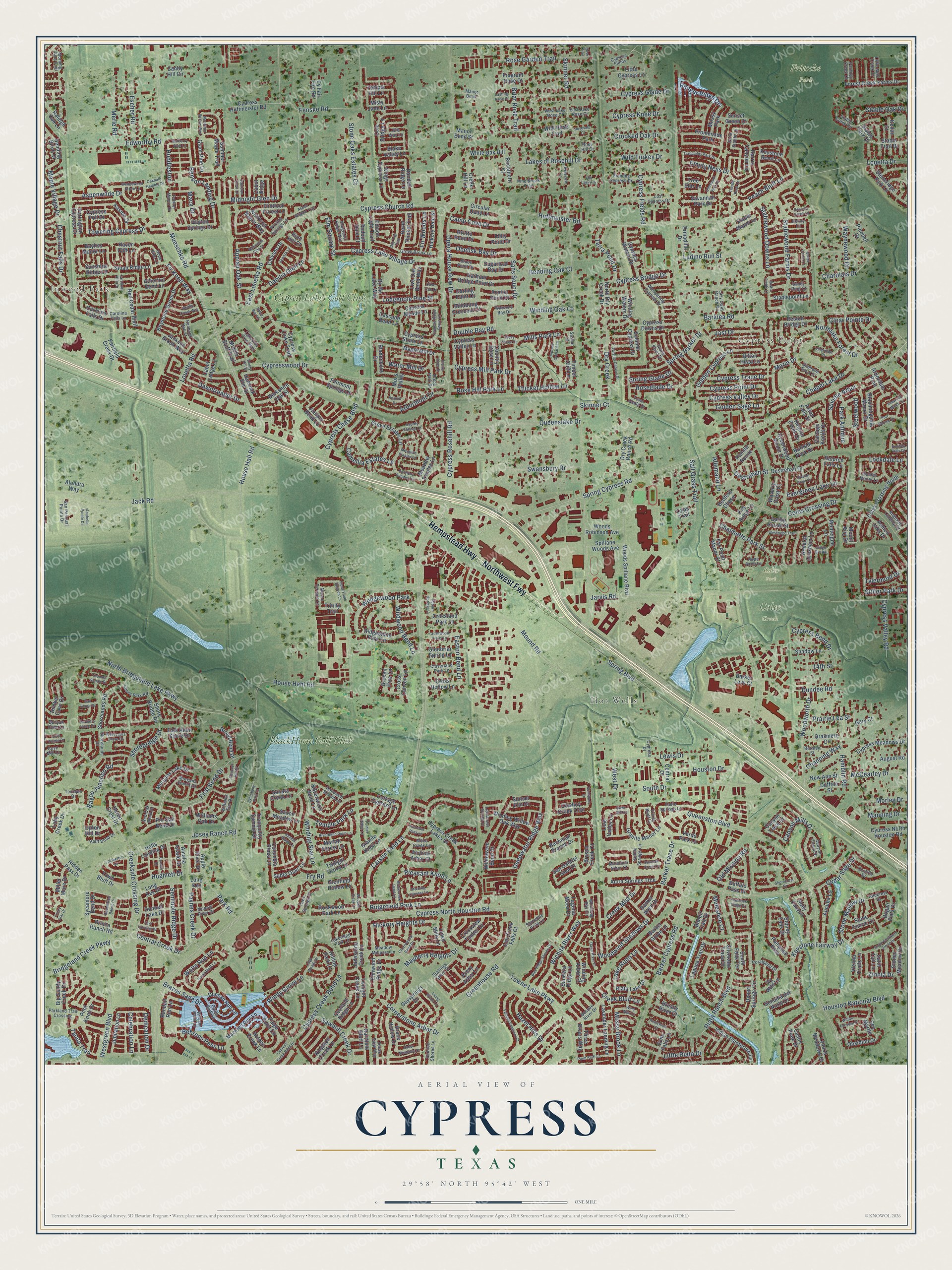 Full map of Cypress, Texas, with red buildings, printed street names and the land around them
