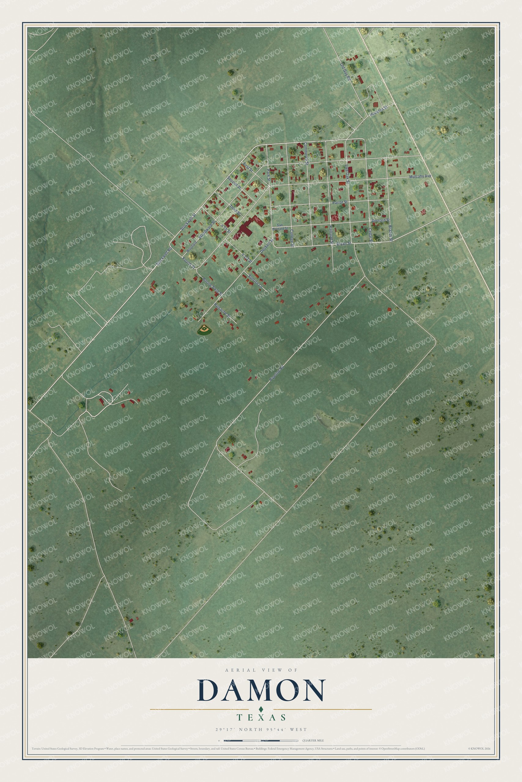 Full map of Damon, Texas, with red buildings, printed street names and the land around them