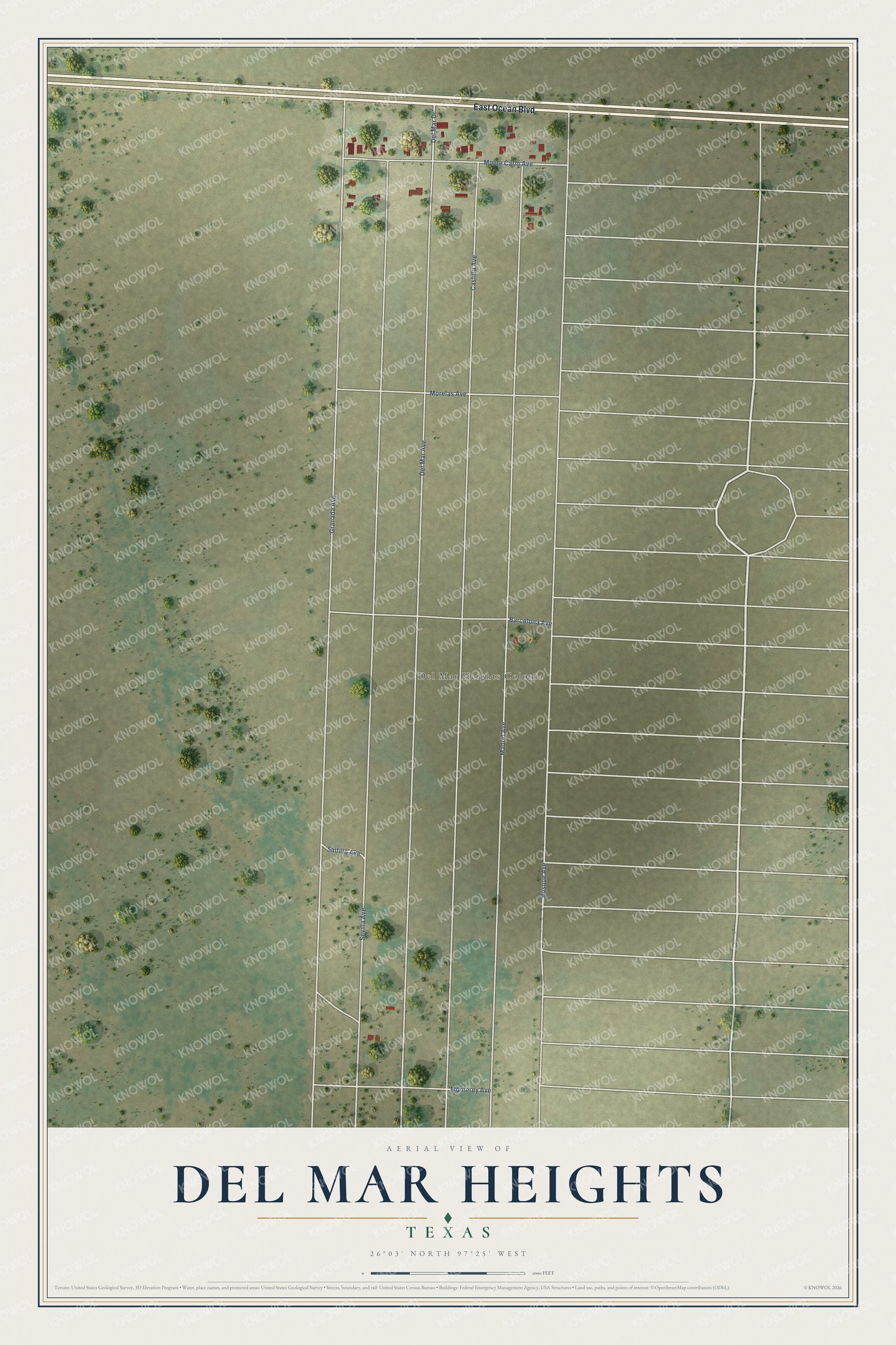 Full map of Del Mar Heights, Texas, with red buildings, printed street names and the land around them