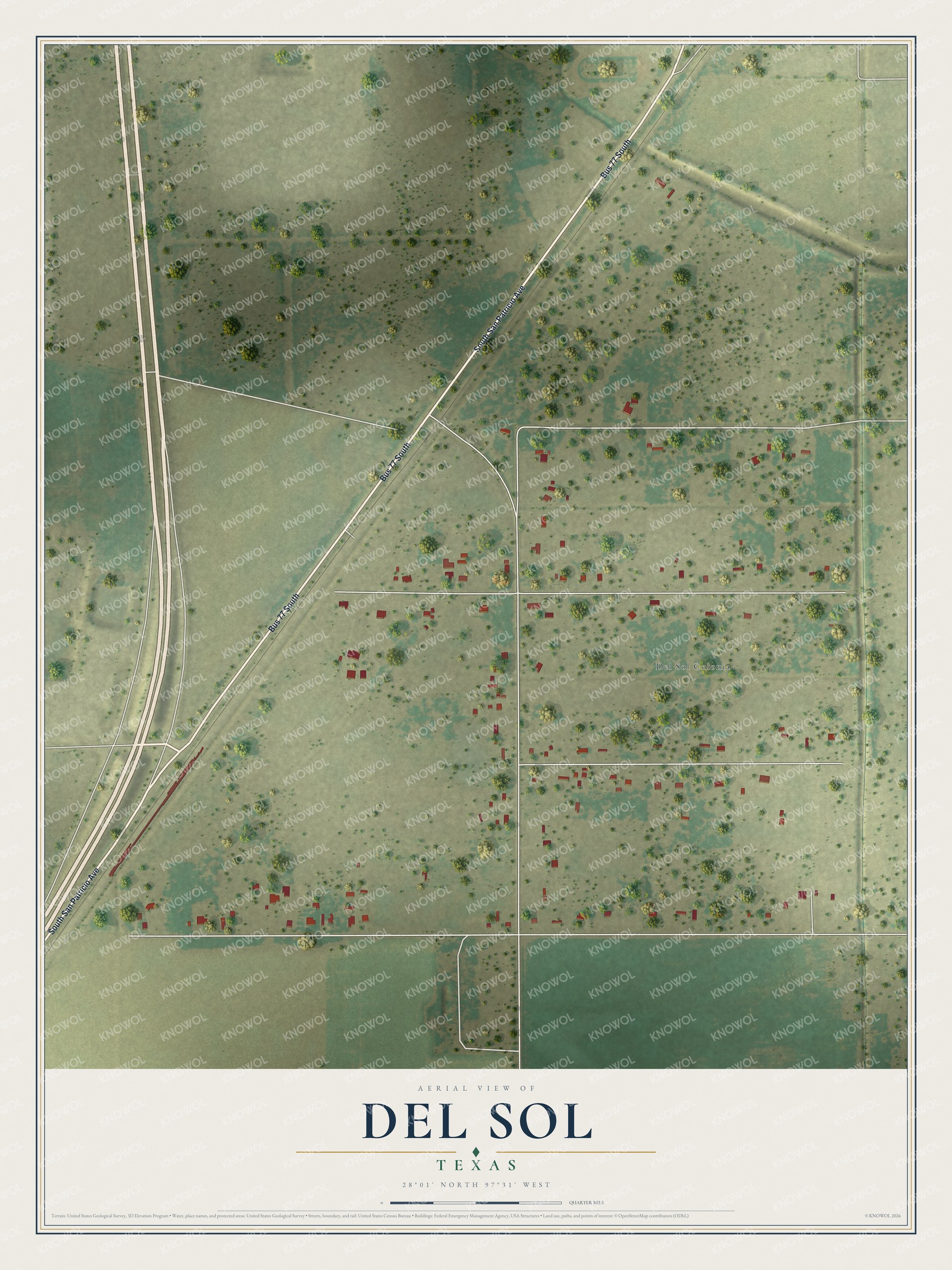 Full map of Del Sol, Texas, with red buildings, printed street names and the land around them