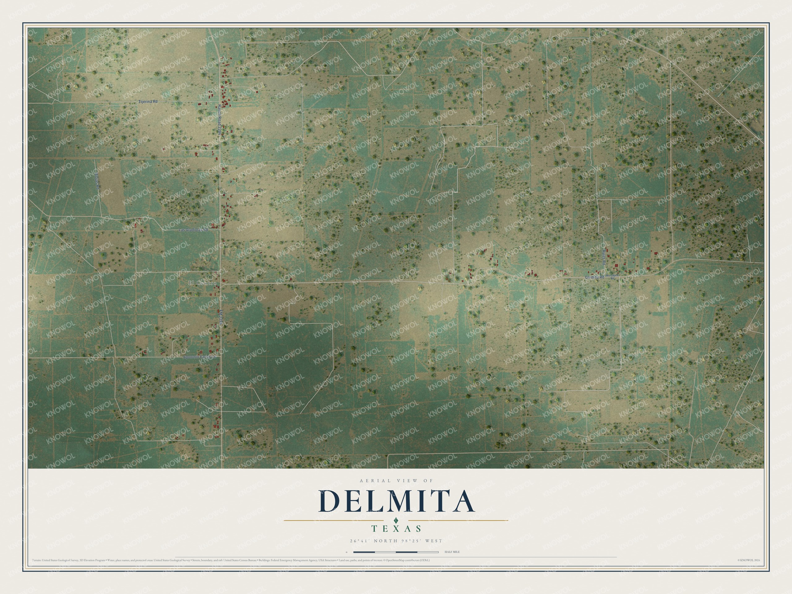 Full map of Delmita, Texas, with red buildings, printed street names and the land around them