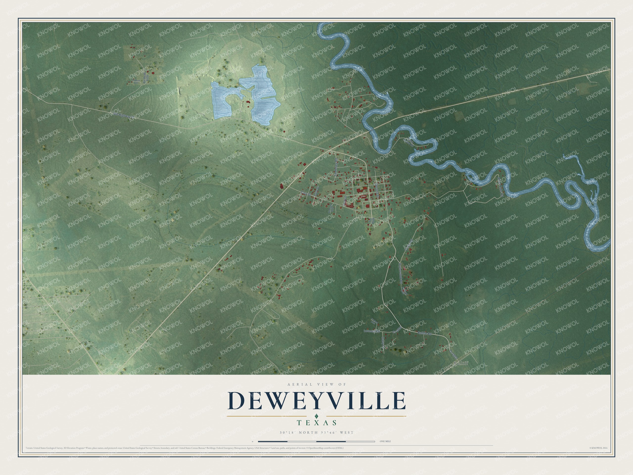 Full map of Deweyville, Texas, with red buildings, printed street names and the land around them