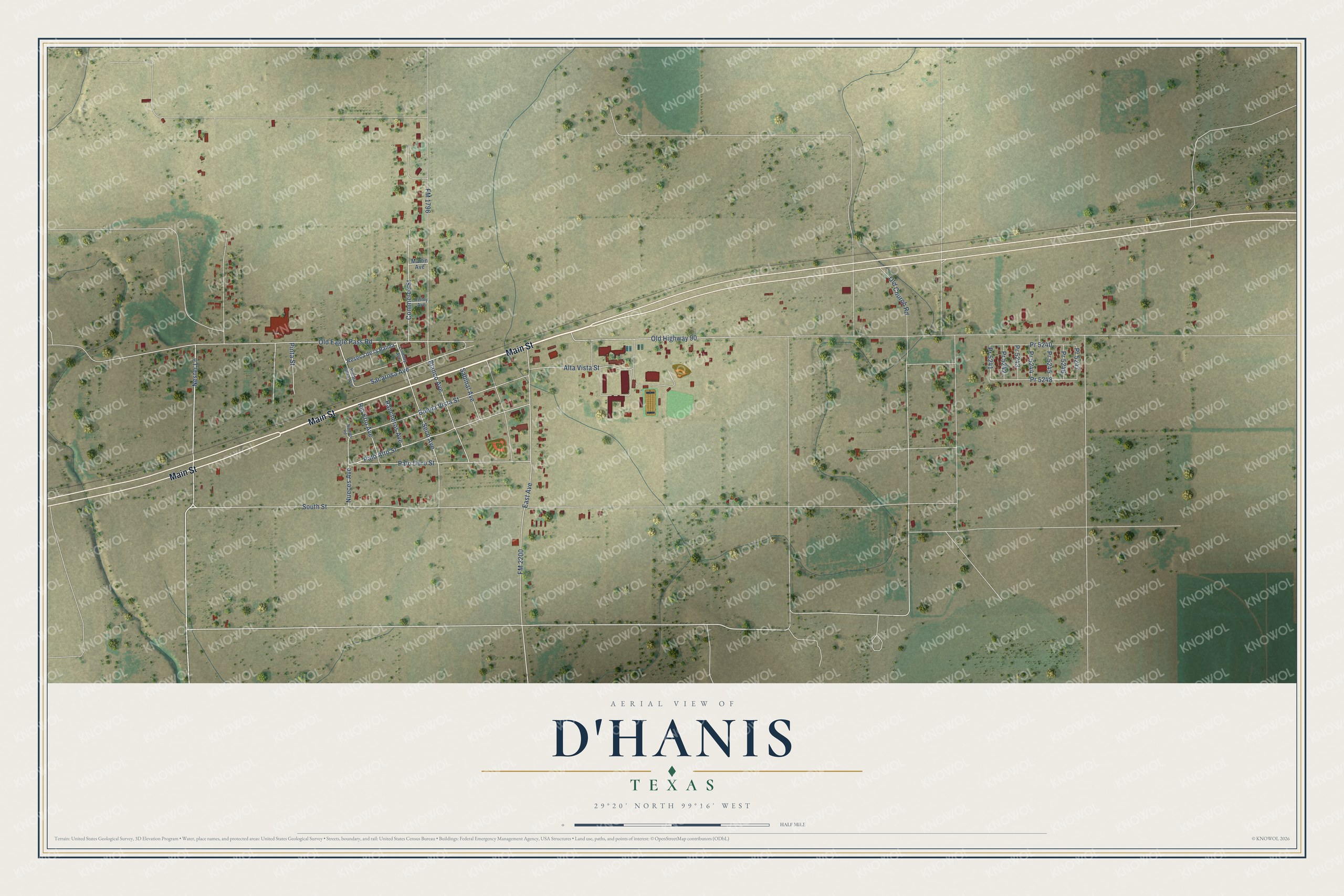 Full map of D'Hanis, Texas, with red buildings, printed street names and the land around them