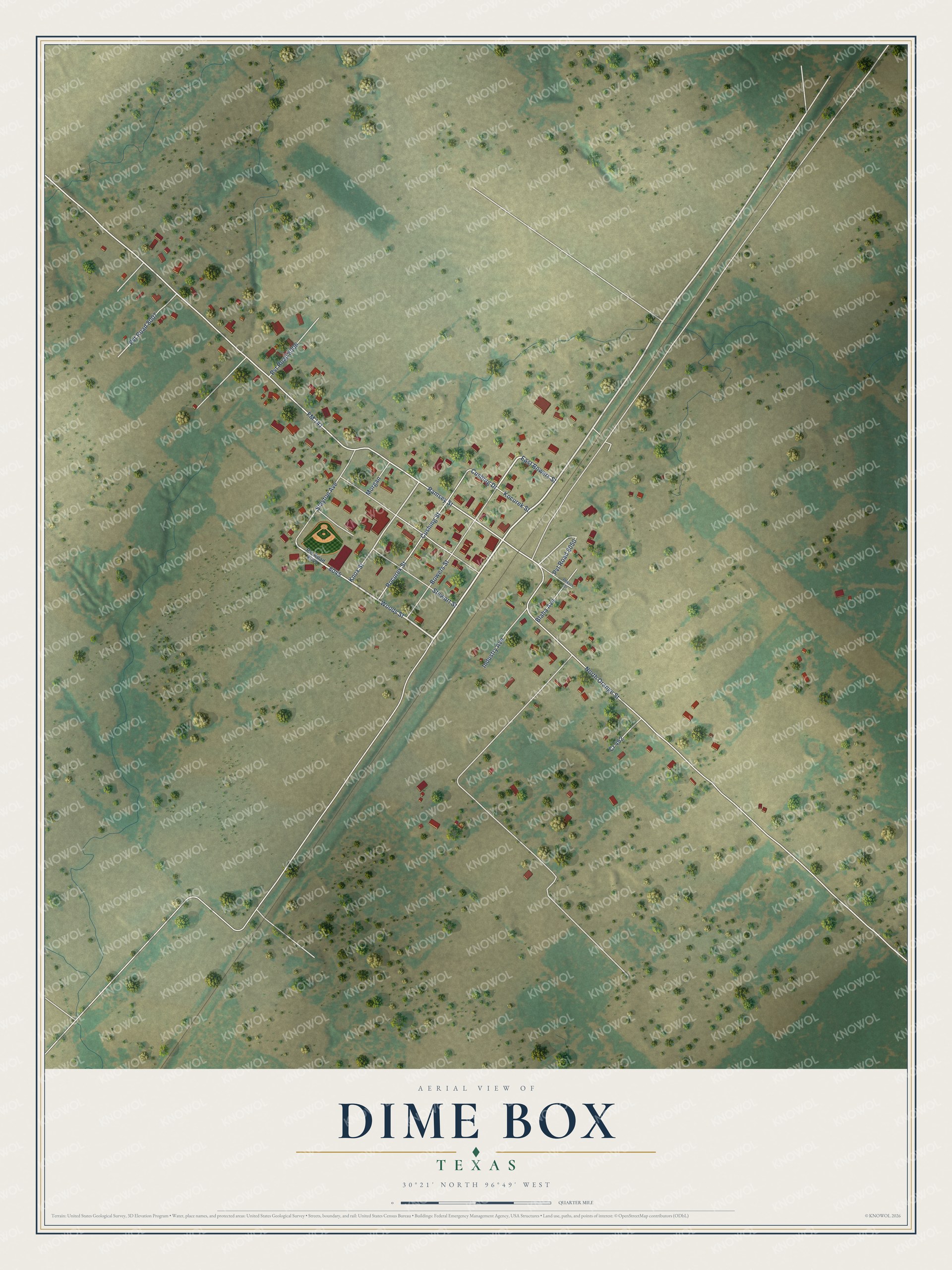 Full map of Dime Box, Texas, with red buildings, printed street names and the land around them