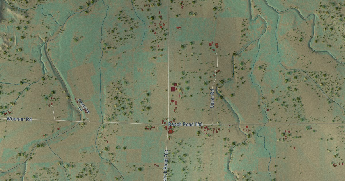 Close-up of streets and buildings in Doss, Texas