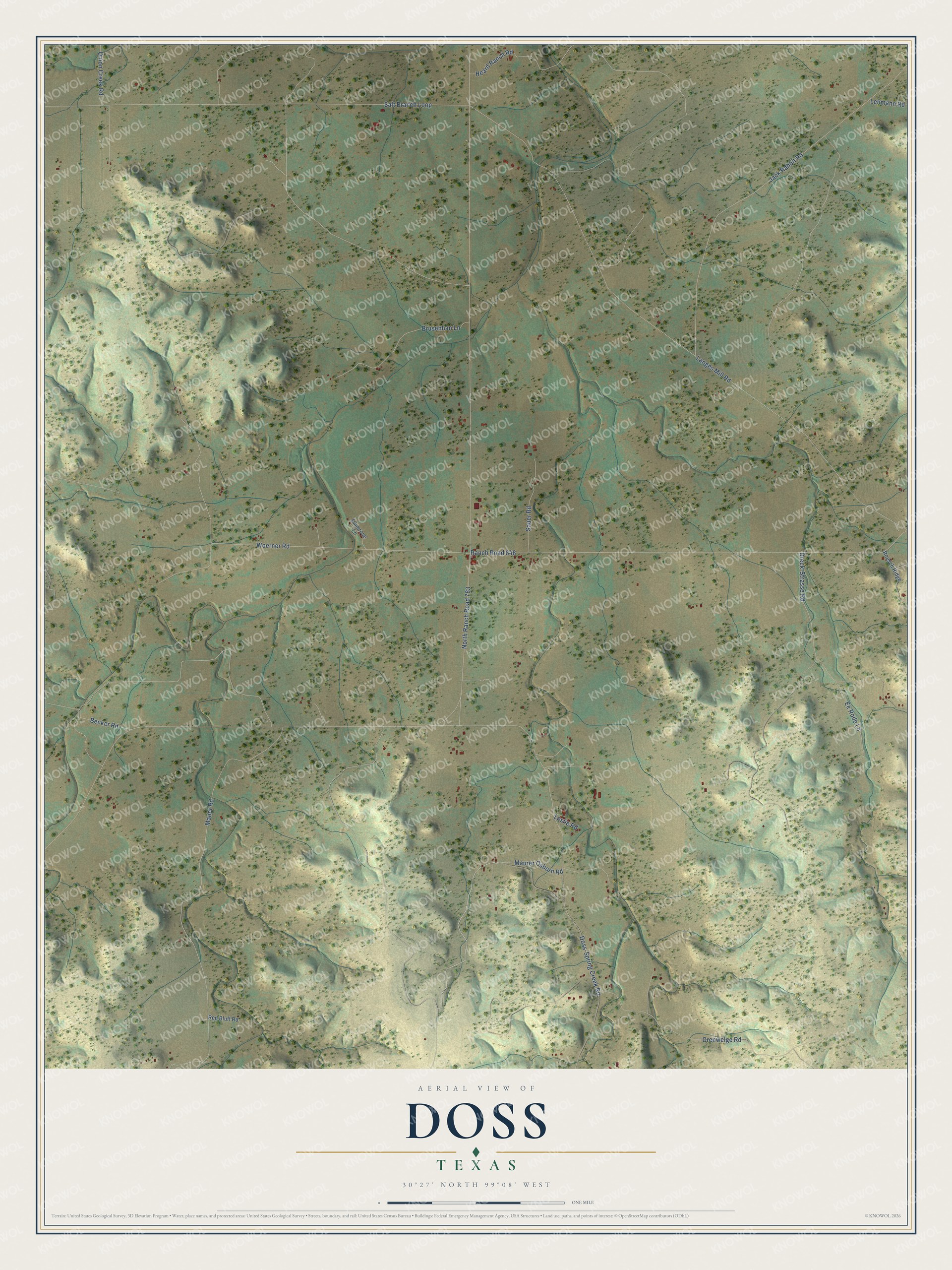 Full map of Doss, Texas, with red buildings, printed street names and the land around them