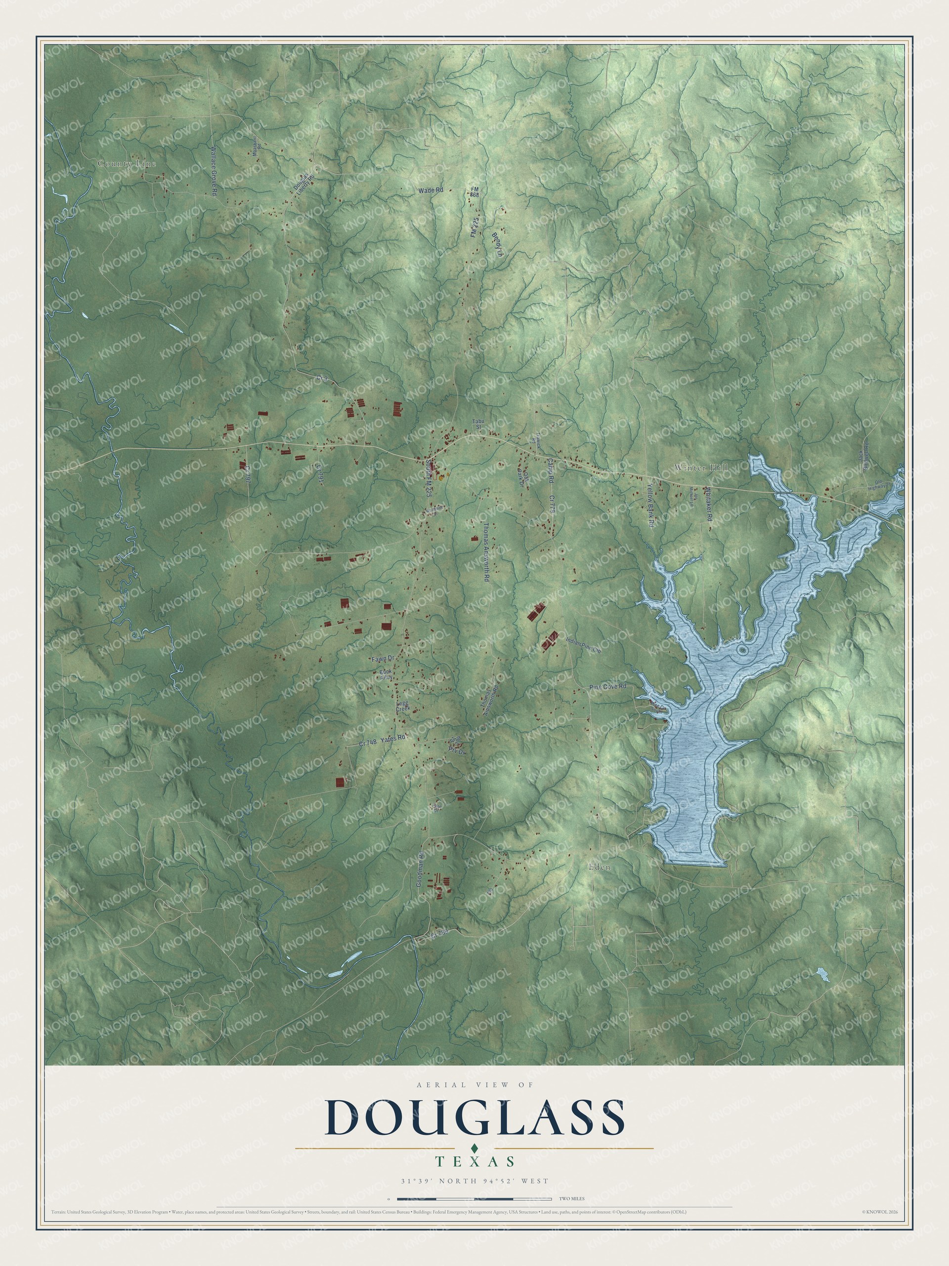 Full map of Douglass, Texas, with red buildings, printed street names and the land around them