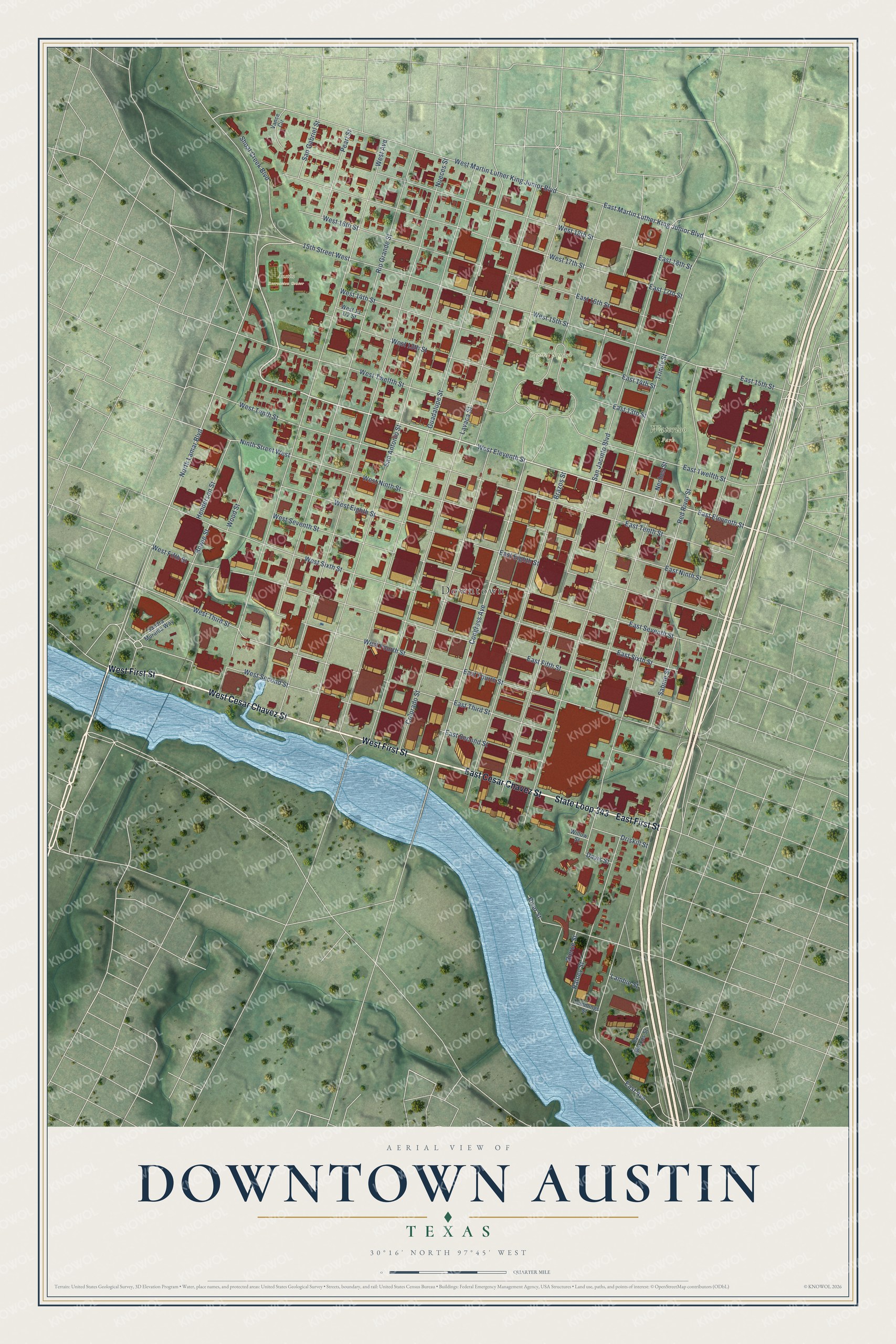 Full map of Downtown Austin, Texas, with red buildings, printed street names and the land around them