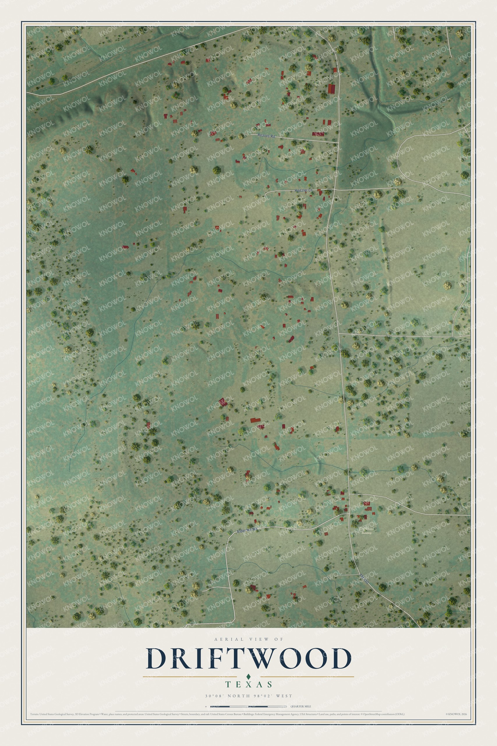 Full map of Driftwood, Texas, with red buildings, printed street names and the land around them